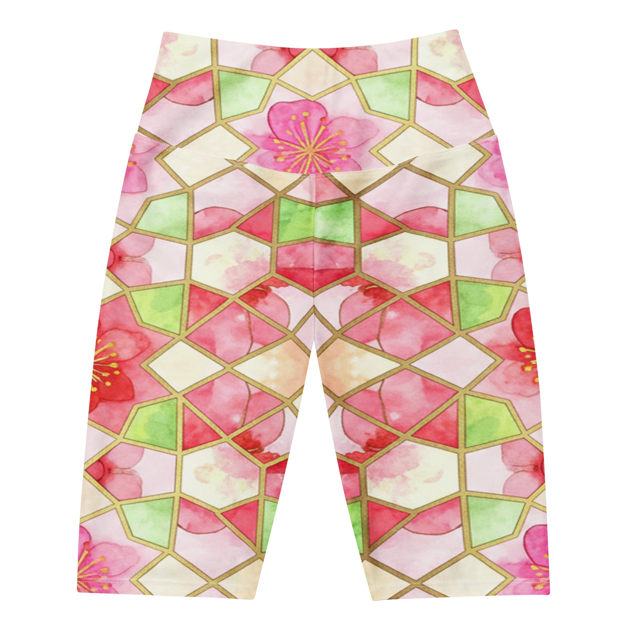 Women's arabic watercolour cherry blossom bike shorts front view