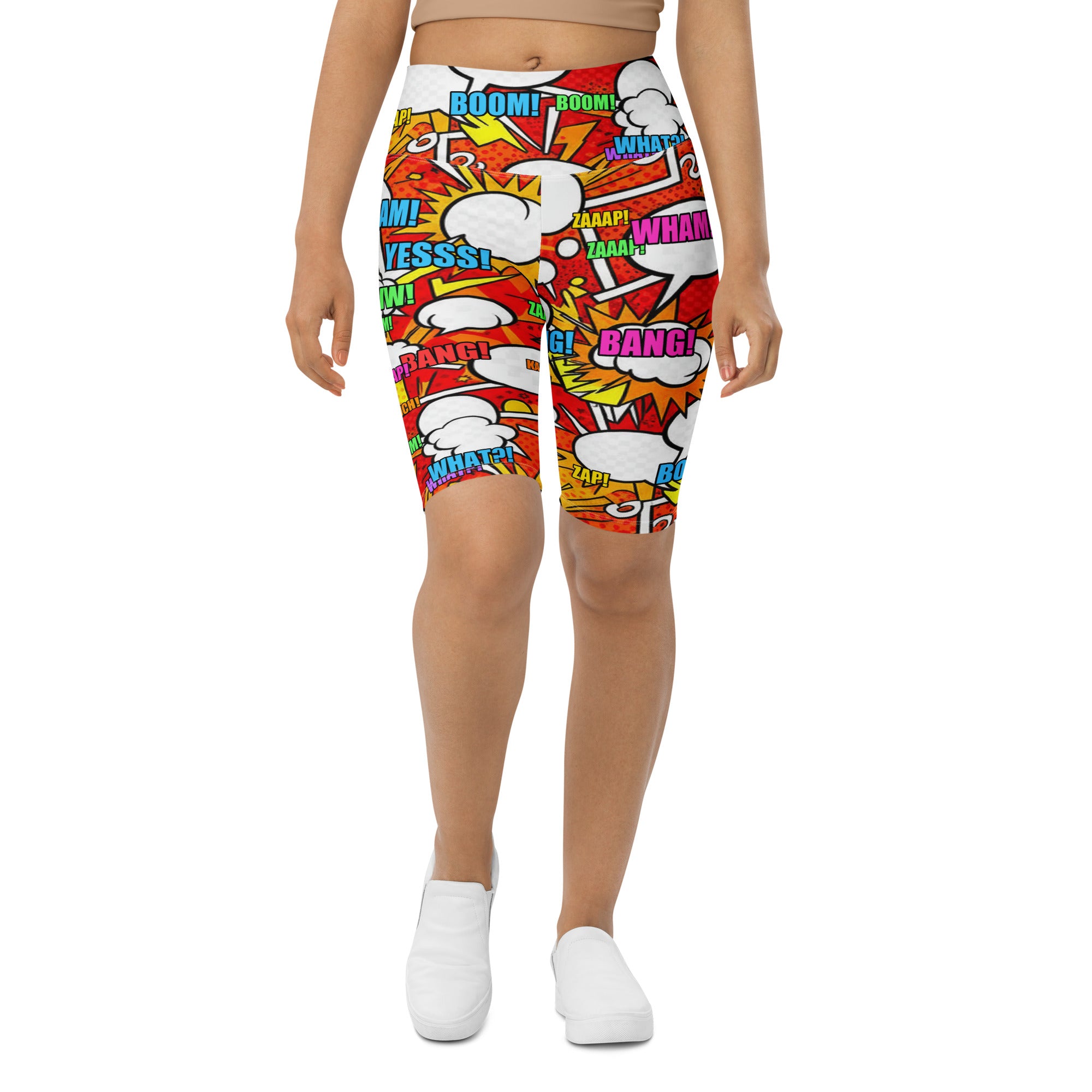 Women's comic pop fire engine printed bike shorts front view