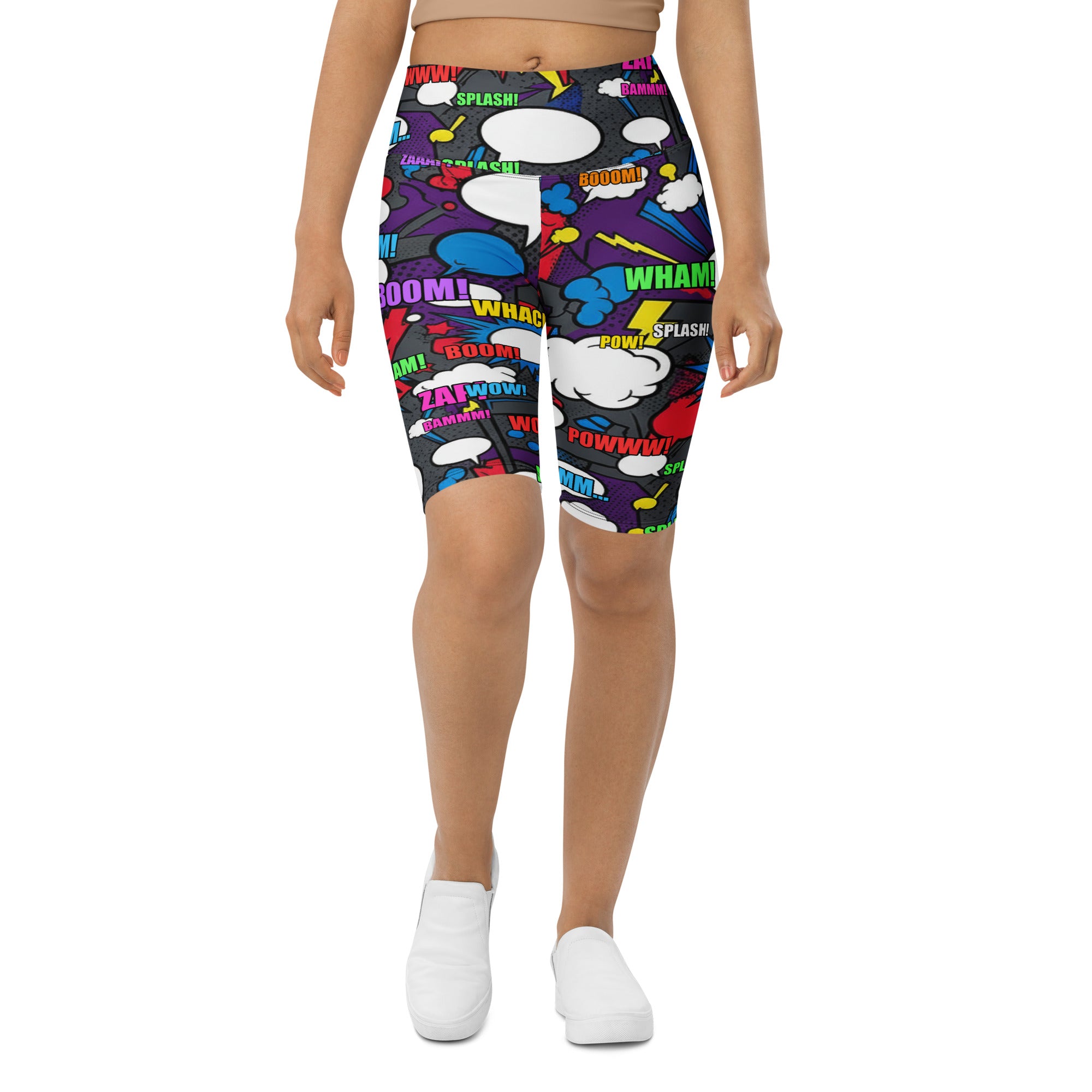 Women's comic strip printed bike shorts front view