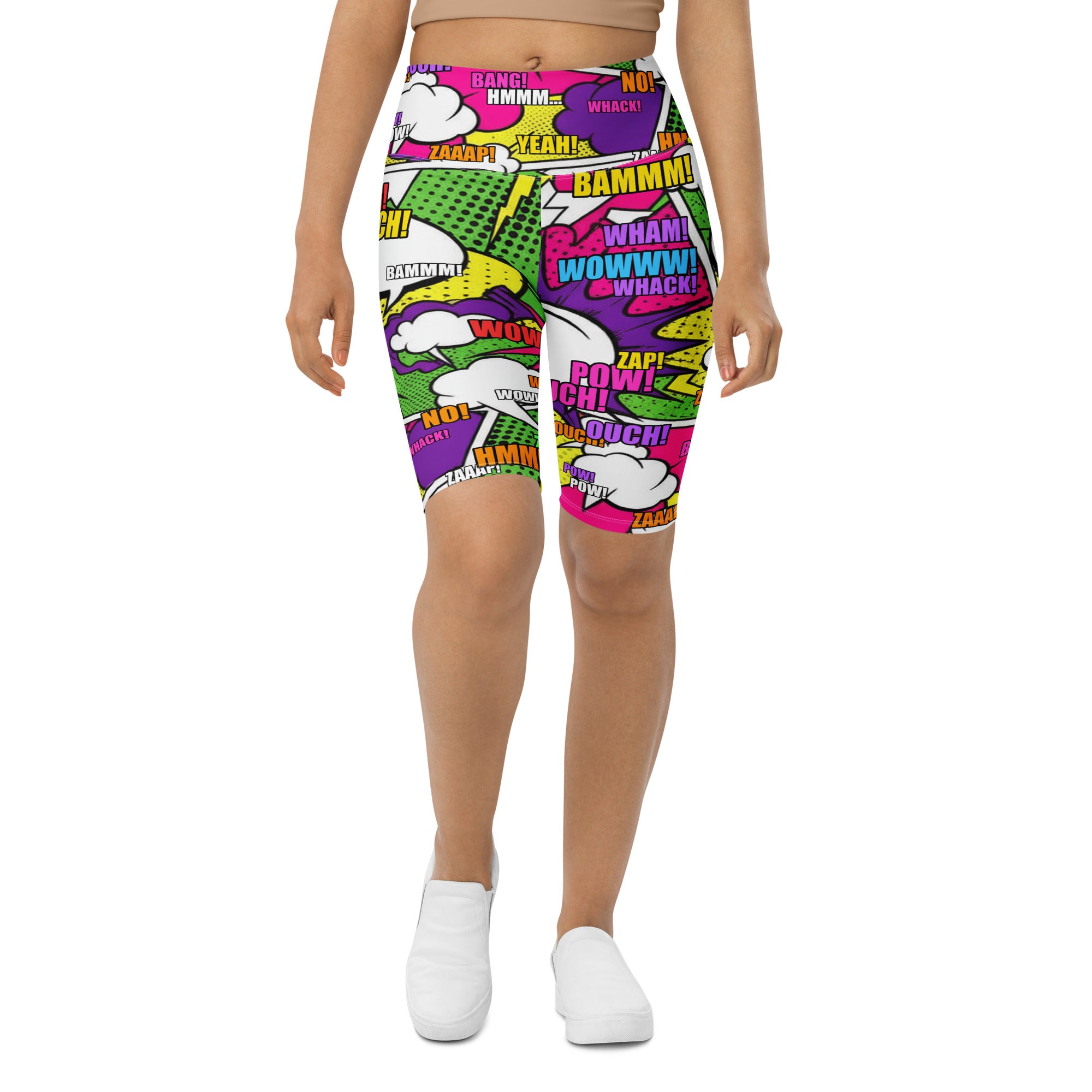 Women's comic villain neon bike shorts front view