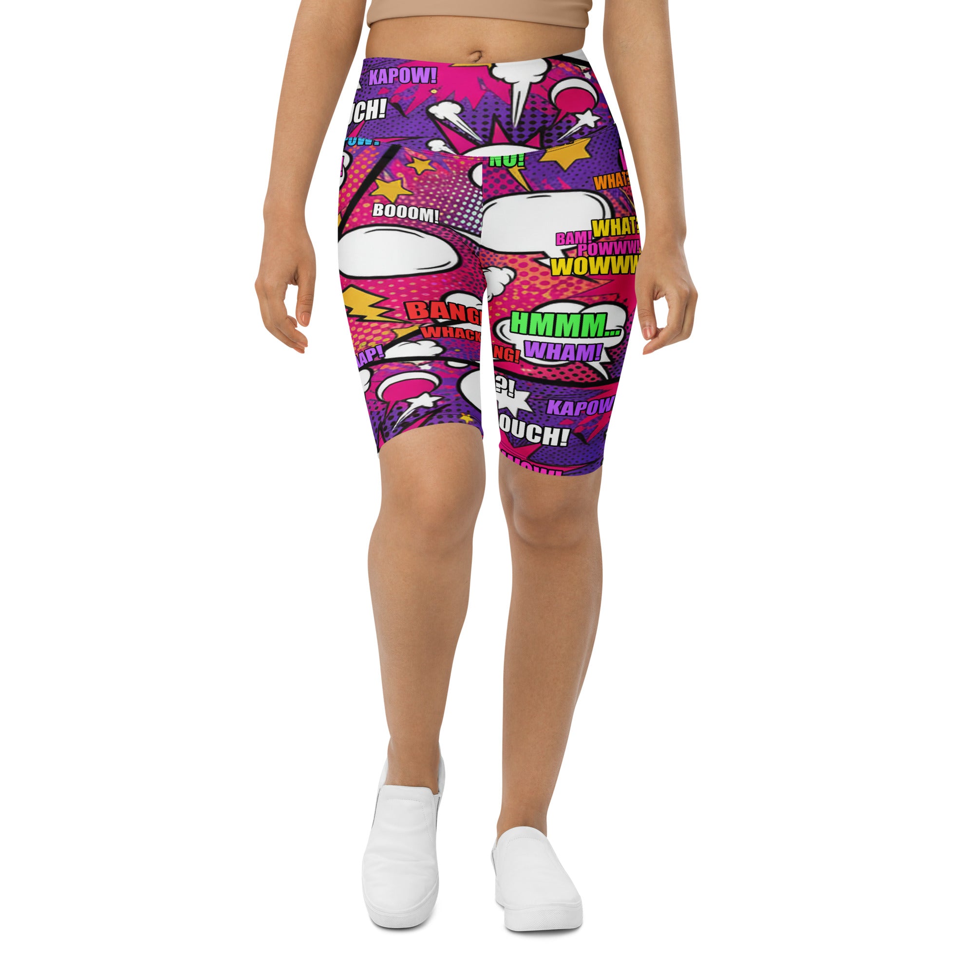 Women's comic strip girl power printed bike shorts front view