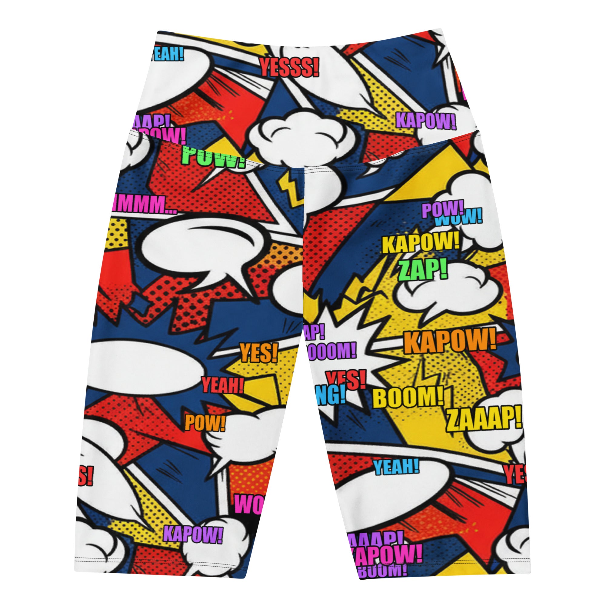 Women's comic strip thunder punch bike shorts front view