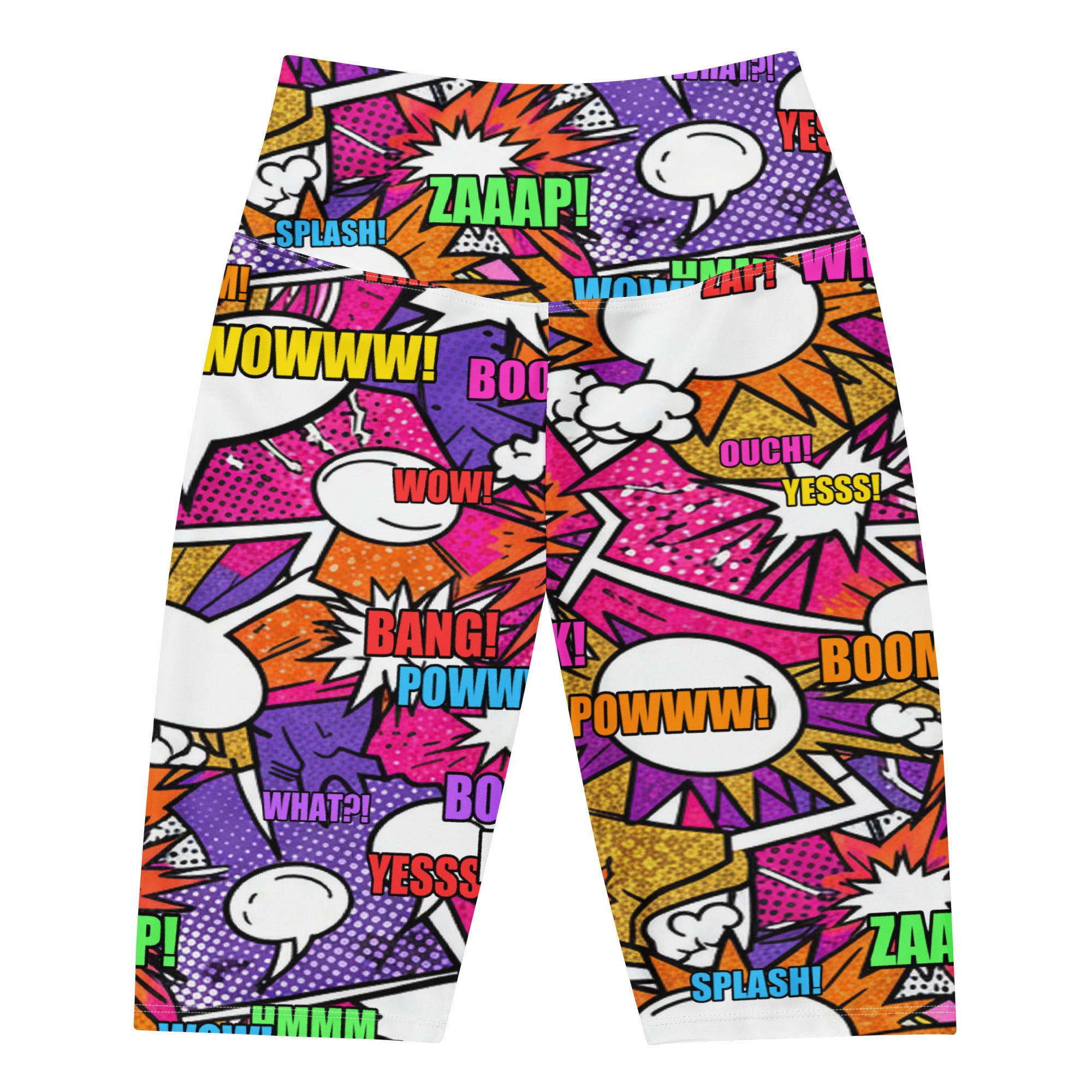 Women's comic strip disco funk bike shorts front view