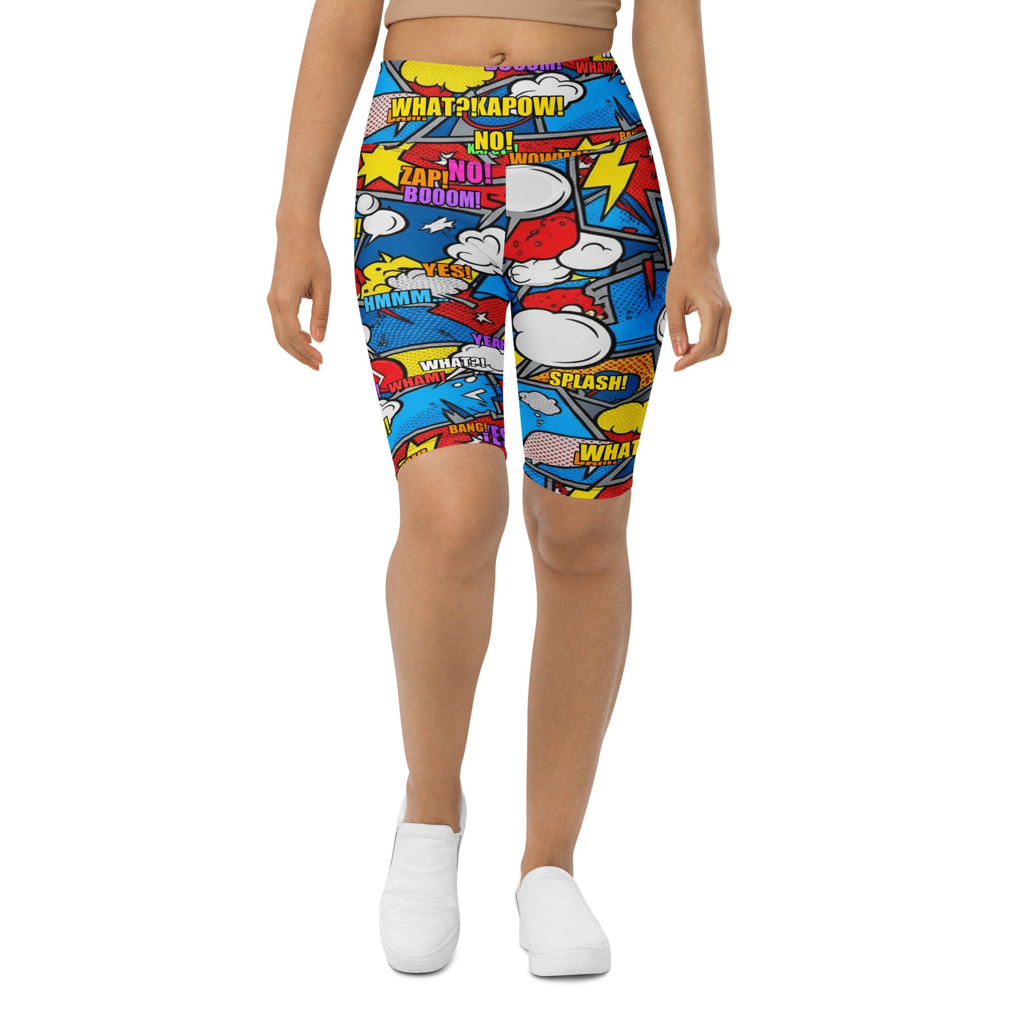 Women's comic strip robot wars printed bike shorts front view