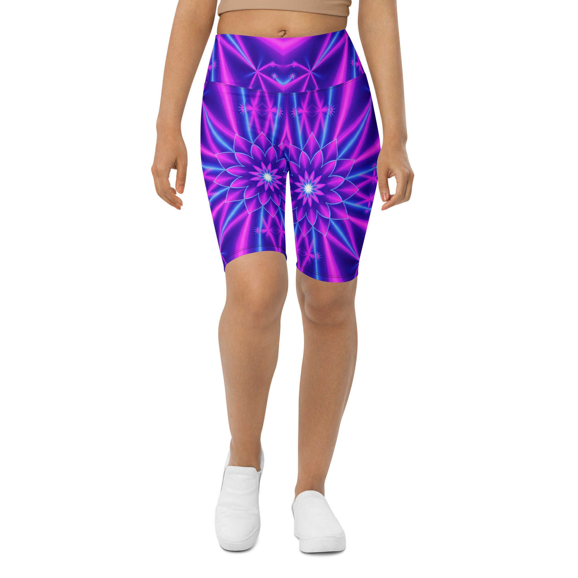 Women's violet psychedelic print bike shorts front view
