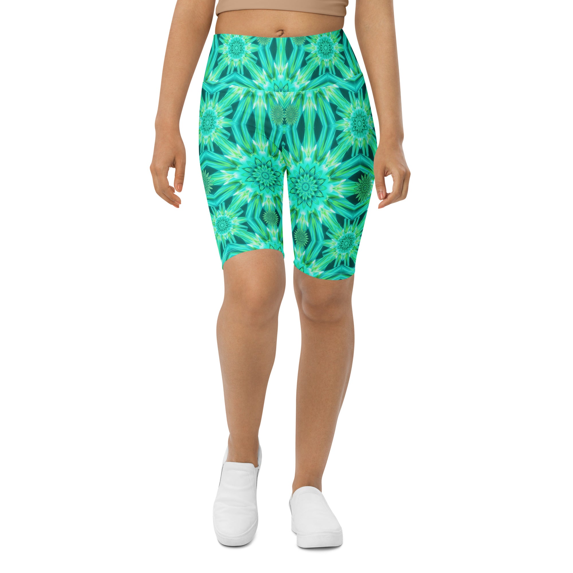 Women's psychedelic mint warp printed bike shorts front view