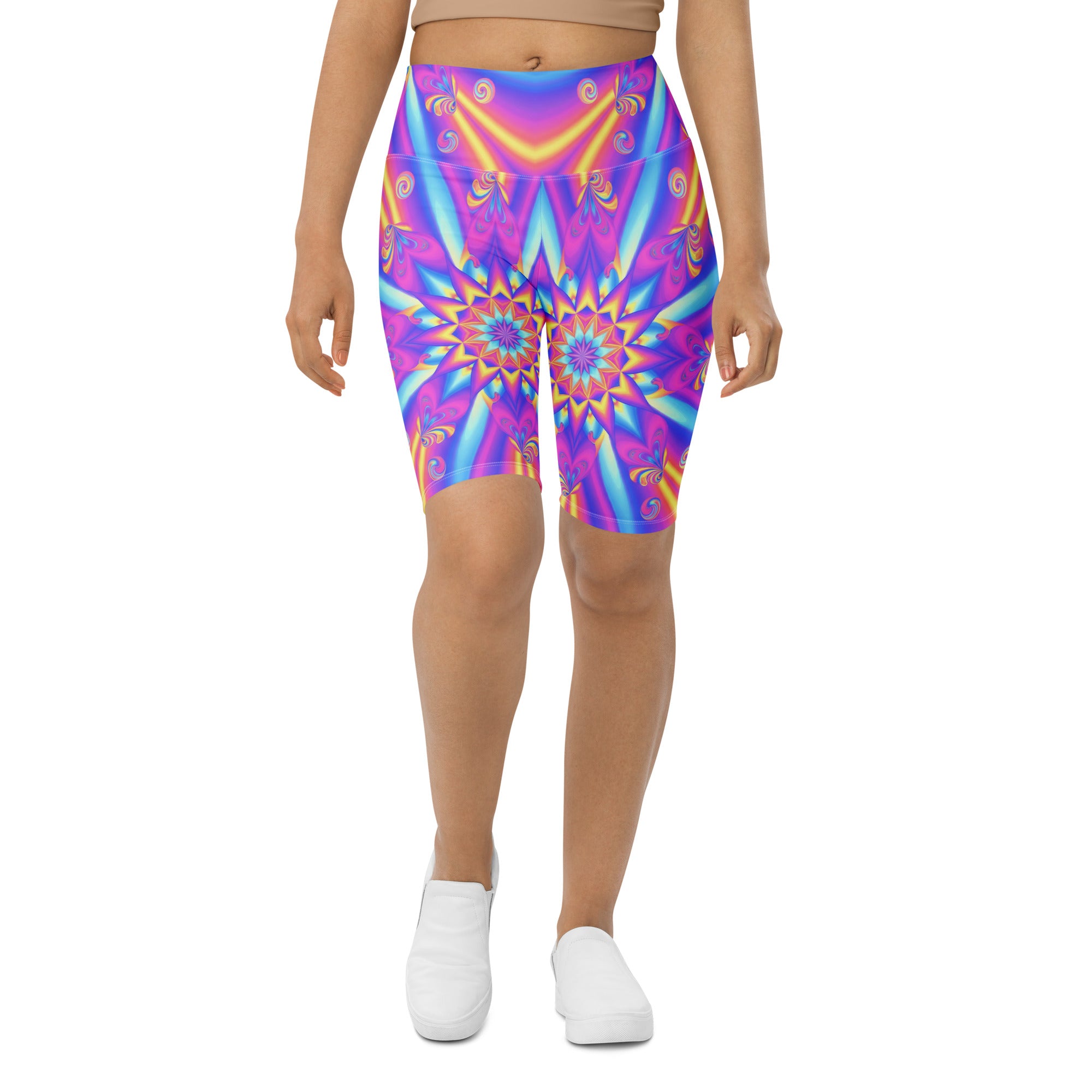 Women's psychedelic candy rave bike shorts front view