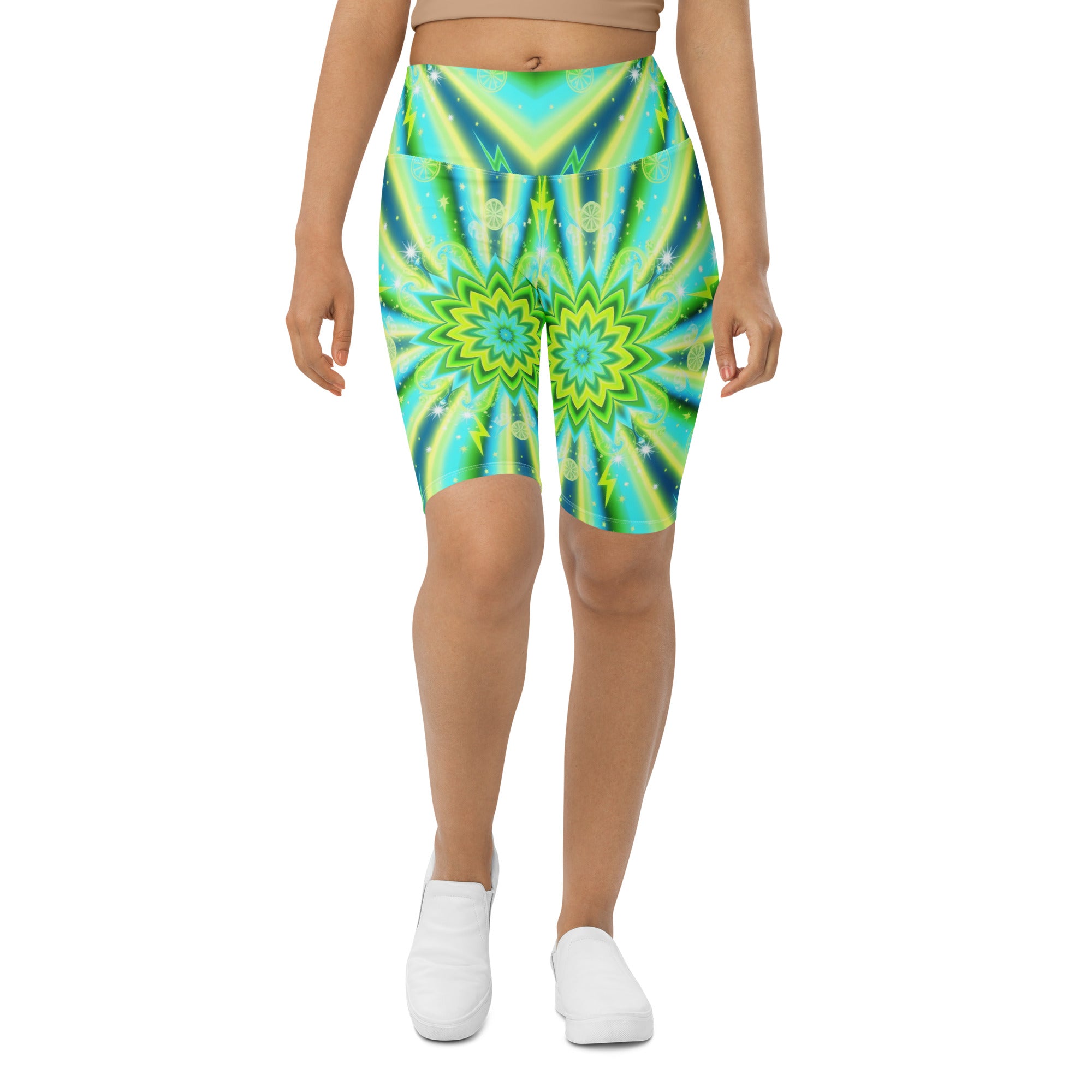 Women's psychedelic lemon zap printed bike shorts front view