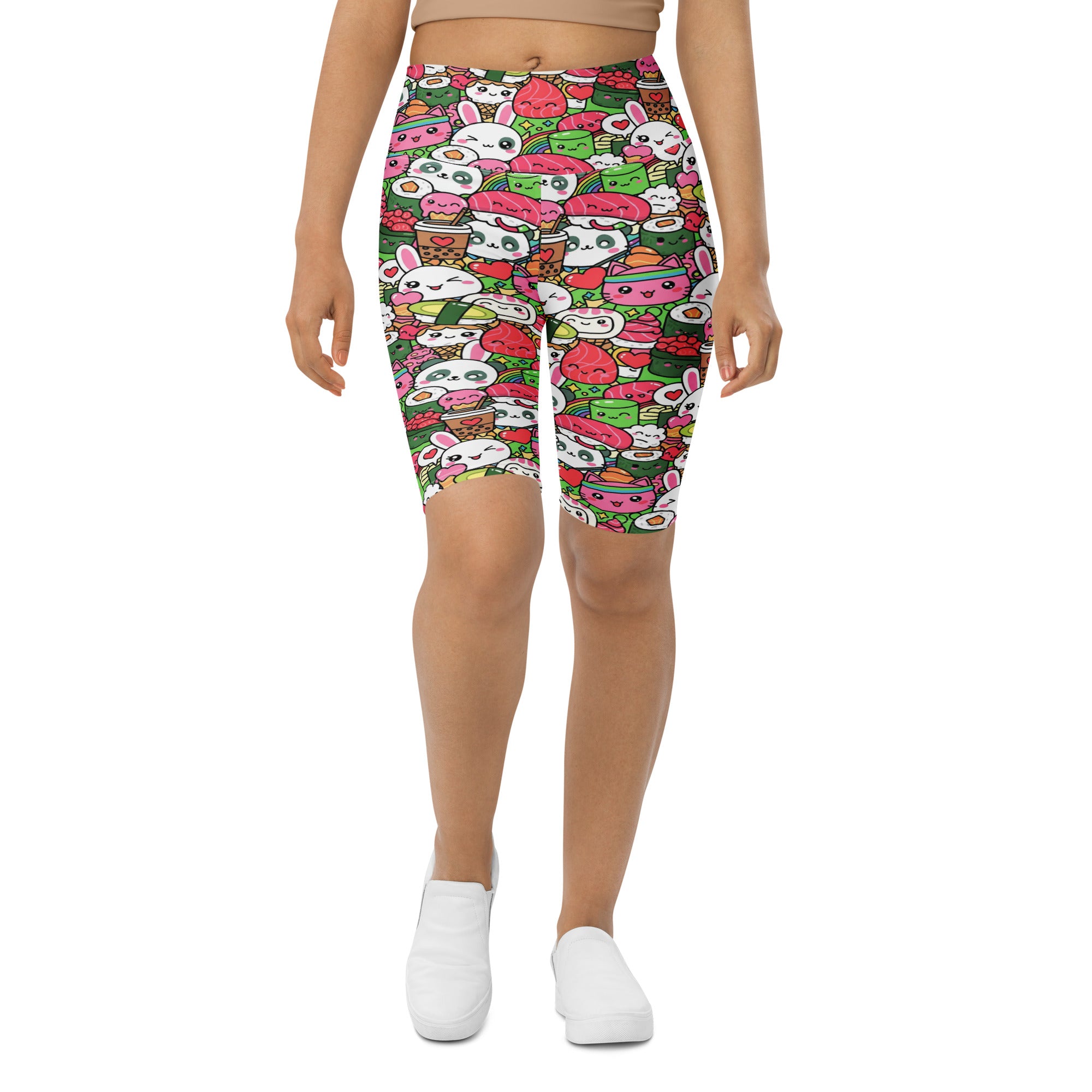 Women's kawaii sushi party printed bike shorts front view