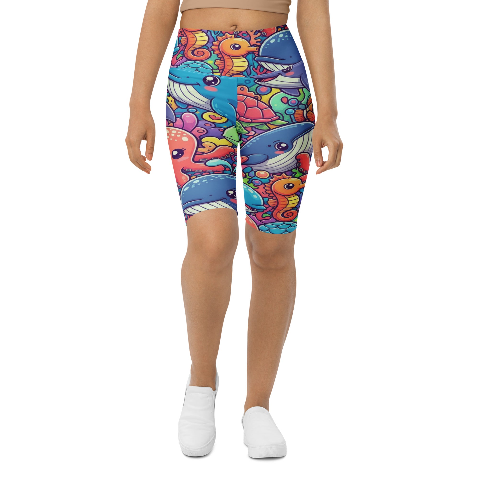 Women's ocean creatures printed bike shorts front view