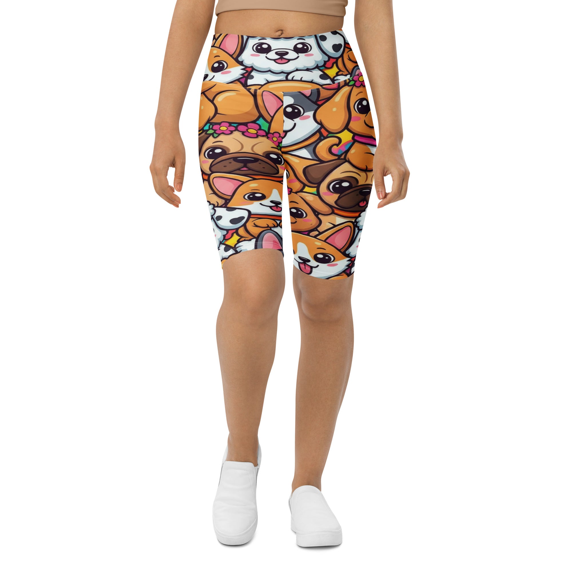 Women's puppy pile printed bike shorts front view