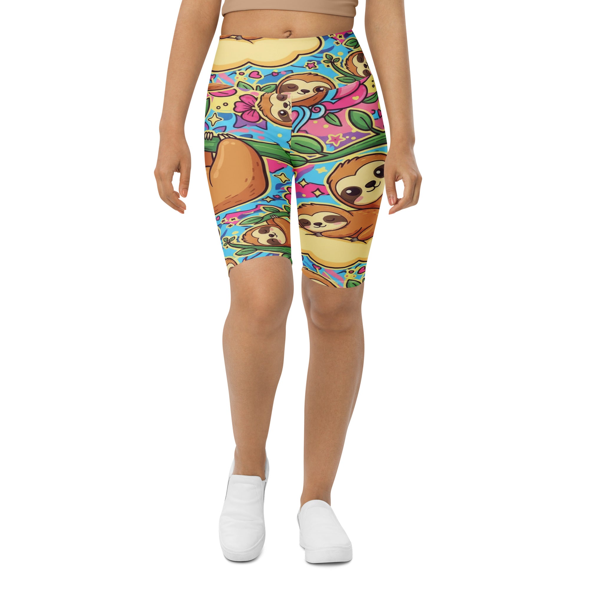 Women's vibrant sloth chill printed bike shorts front view
