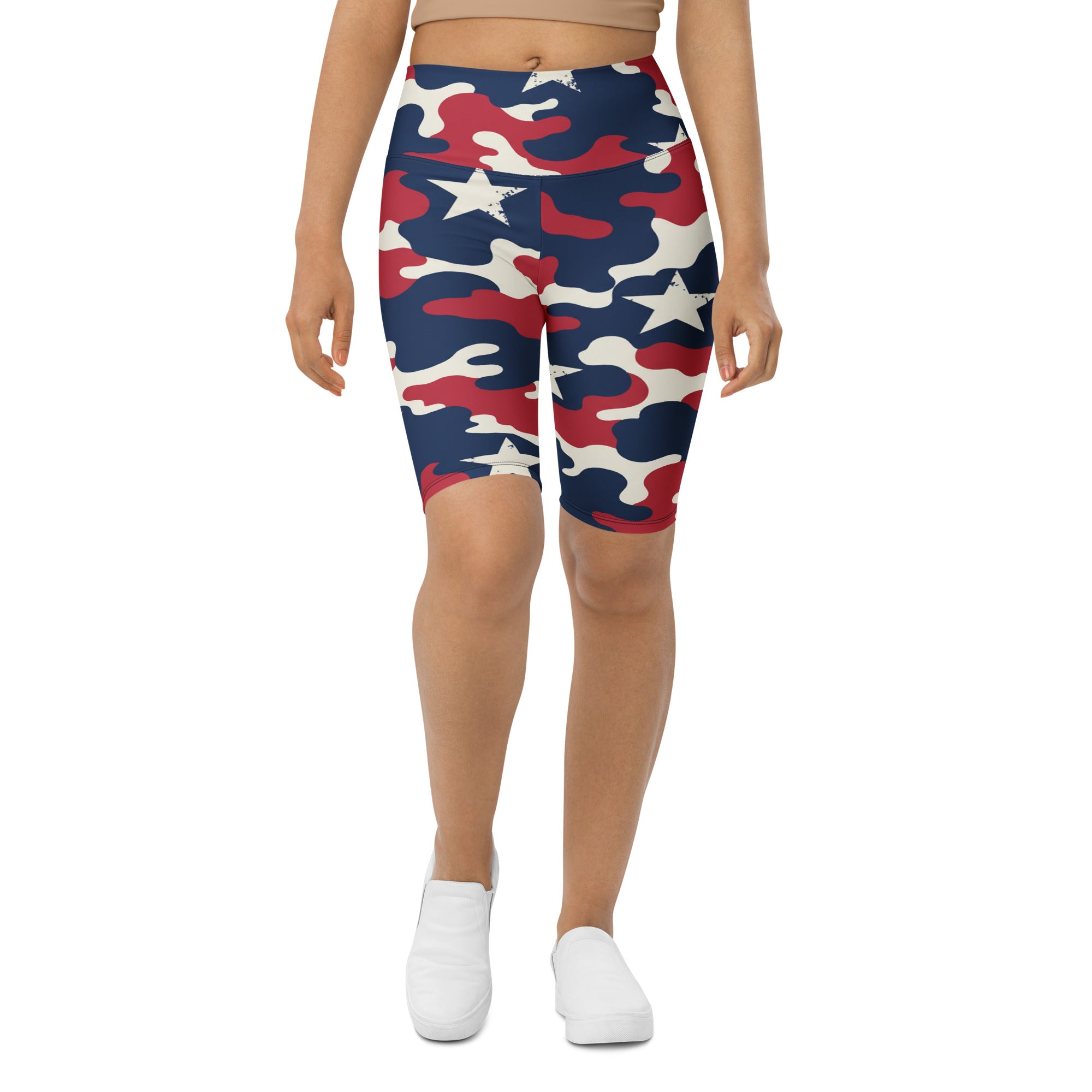 Women's red white blue camo stars bike shorts front view