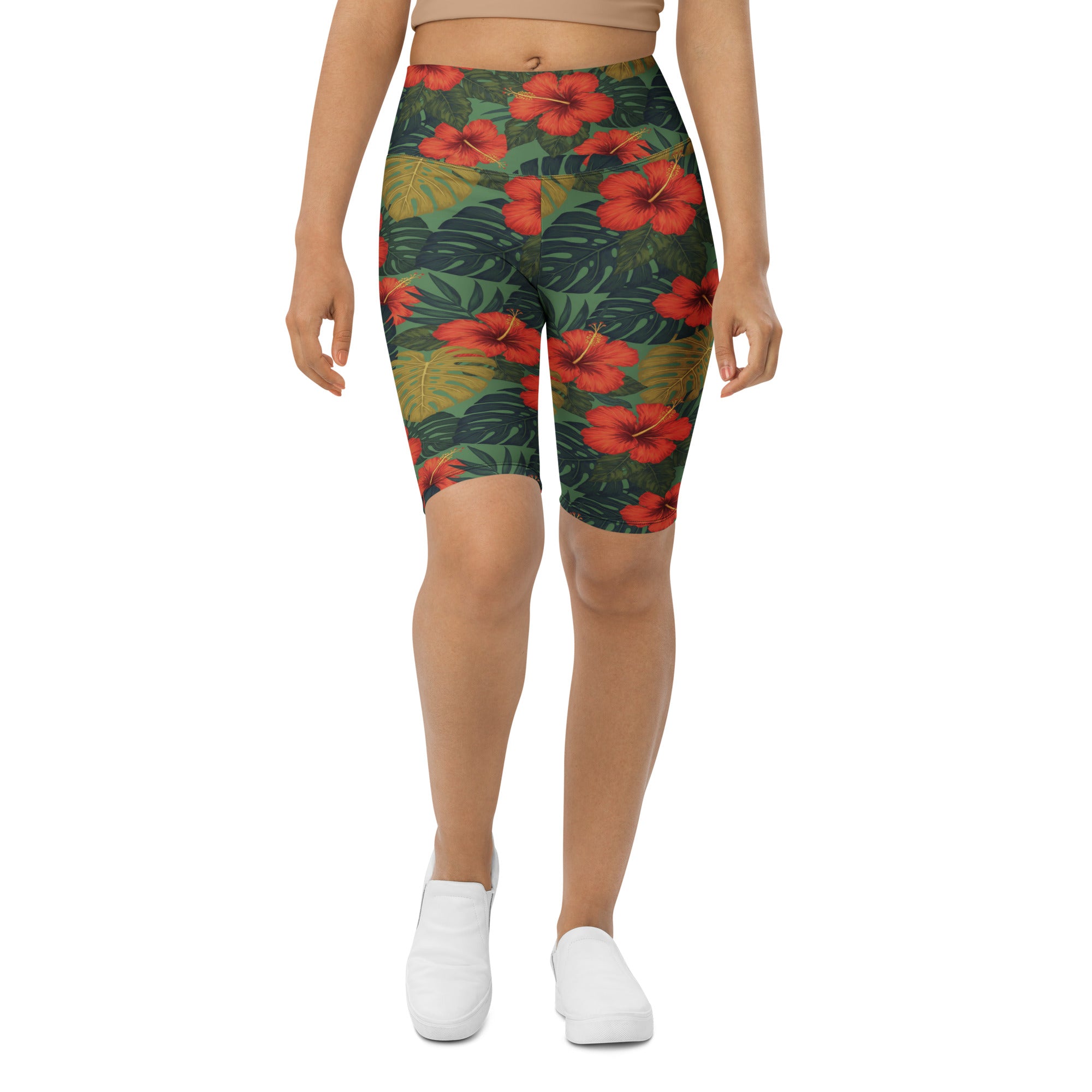 Women's tropical leaves printed bike shorts front view