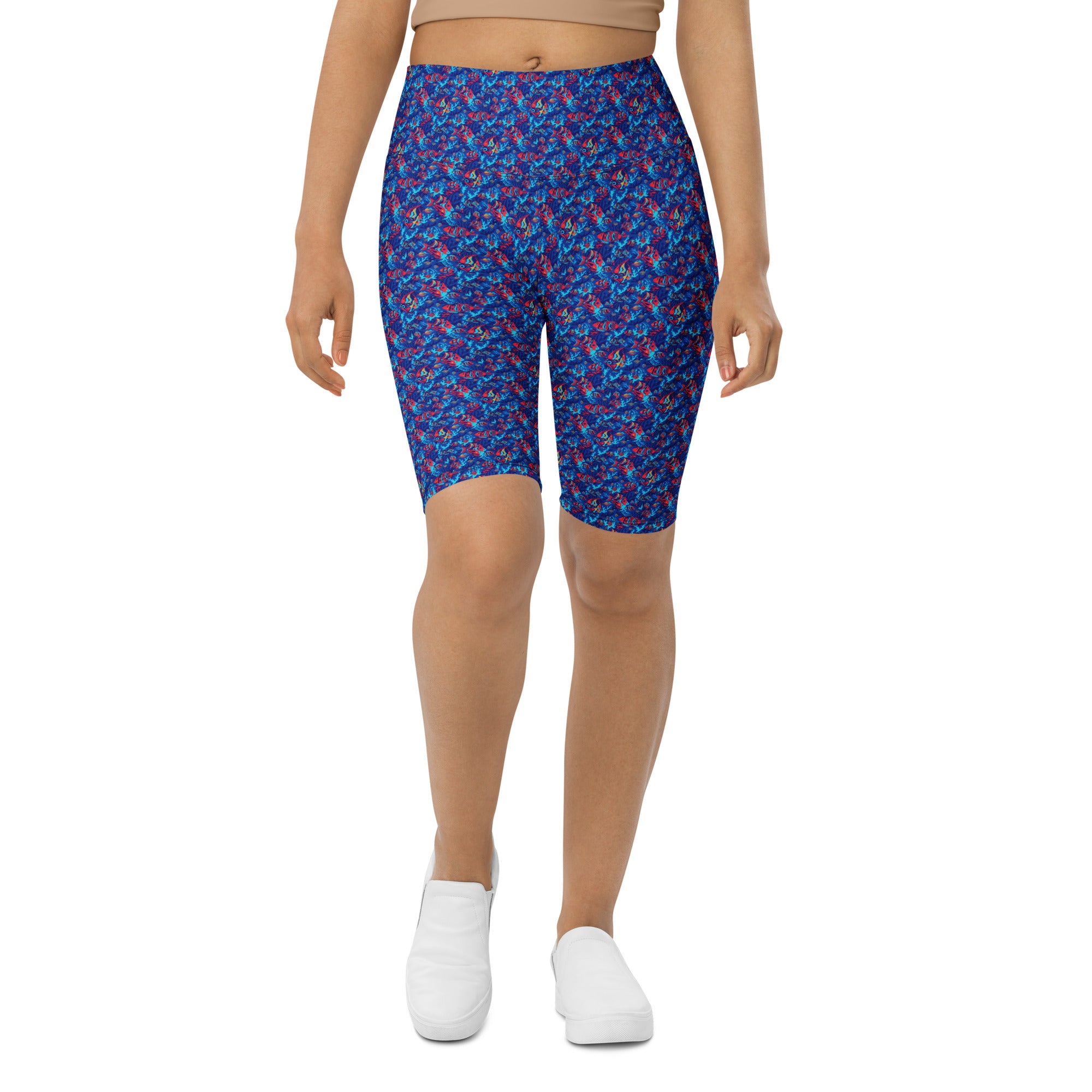 Women's colorful tropical fishes printed bike shorts front view
