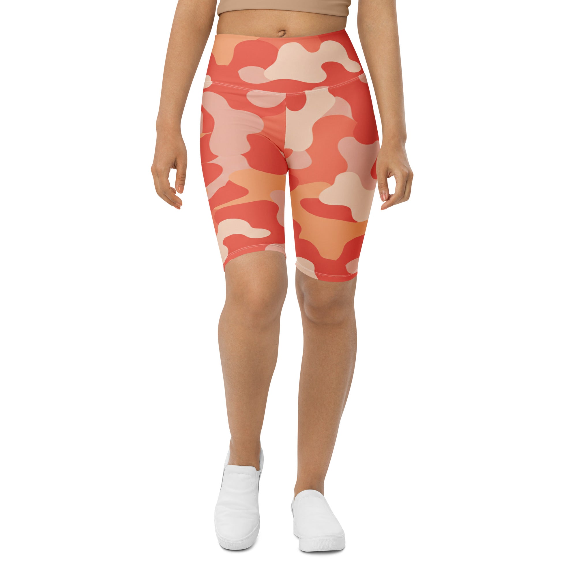 Women's coral sunset camo bike shorts front view