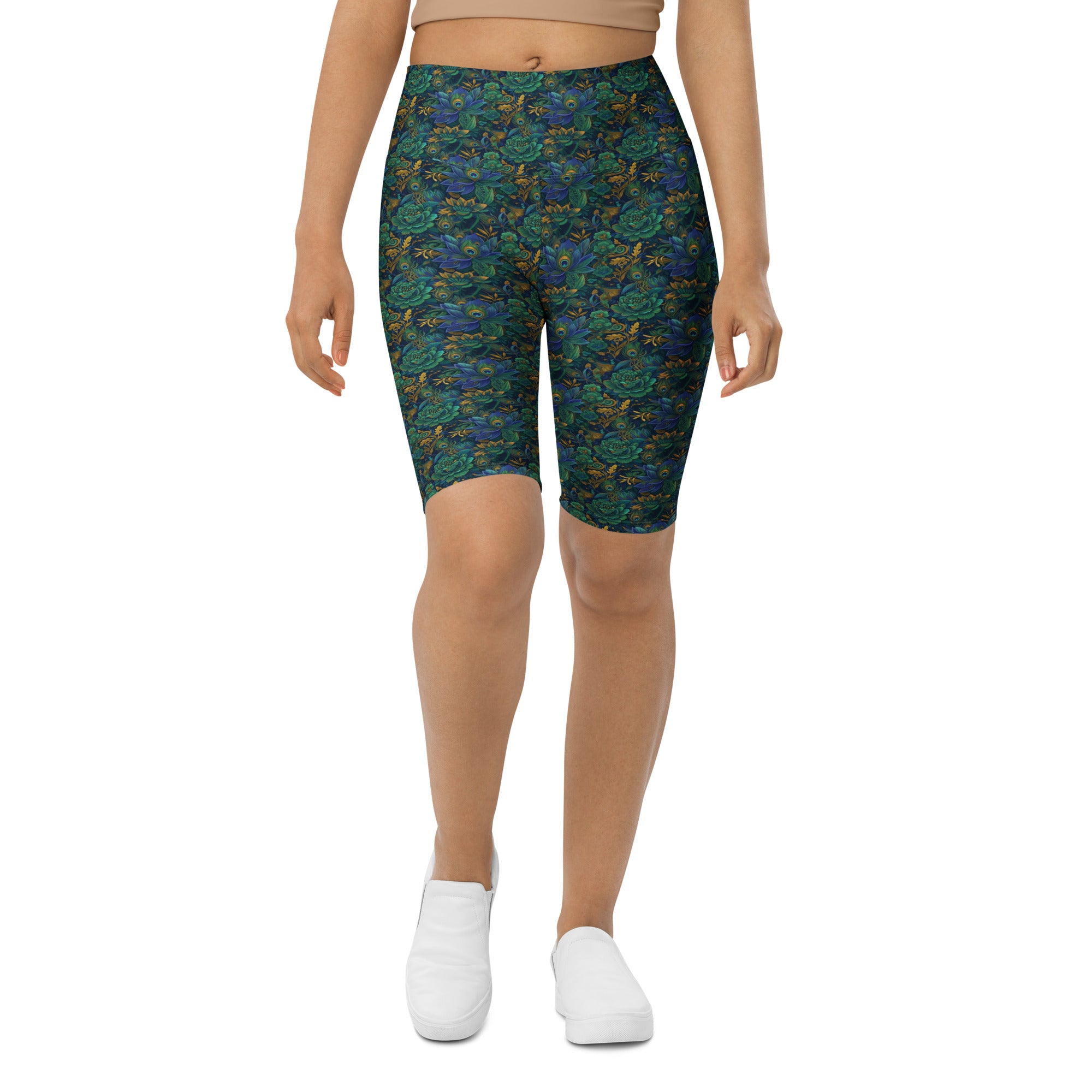 Women's peacock feathers pattern bike shorts front view