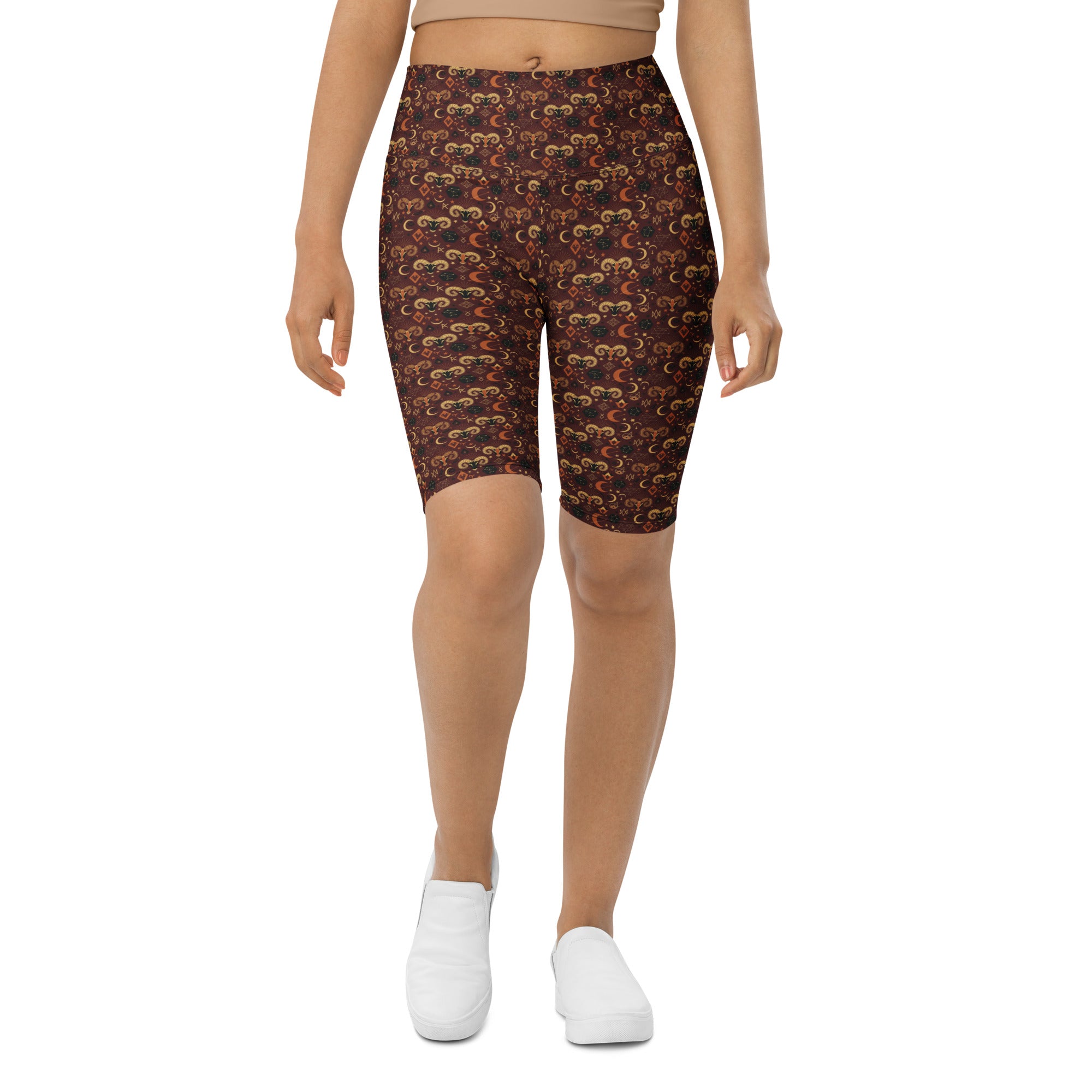 Women's red and gold Aries Ram Mystical bike shorts front view