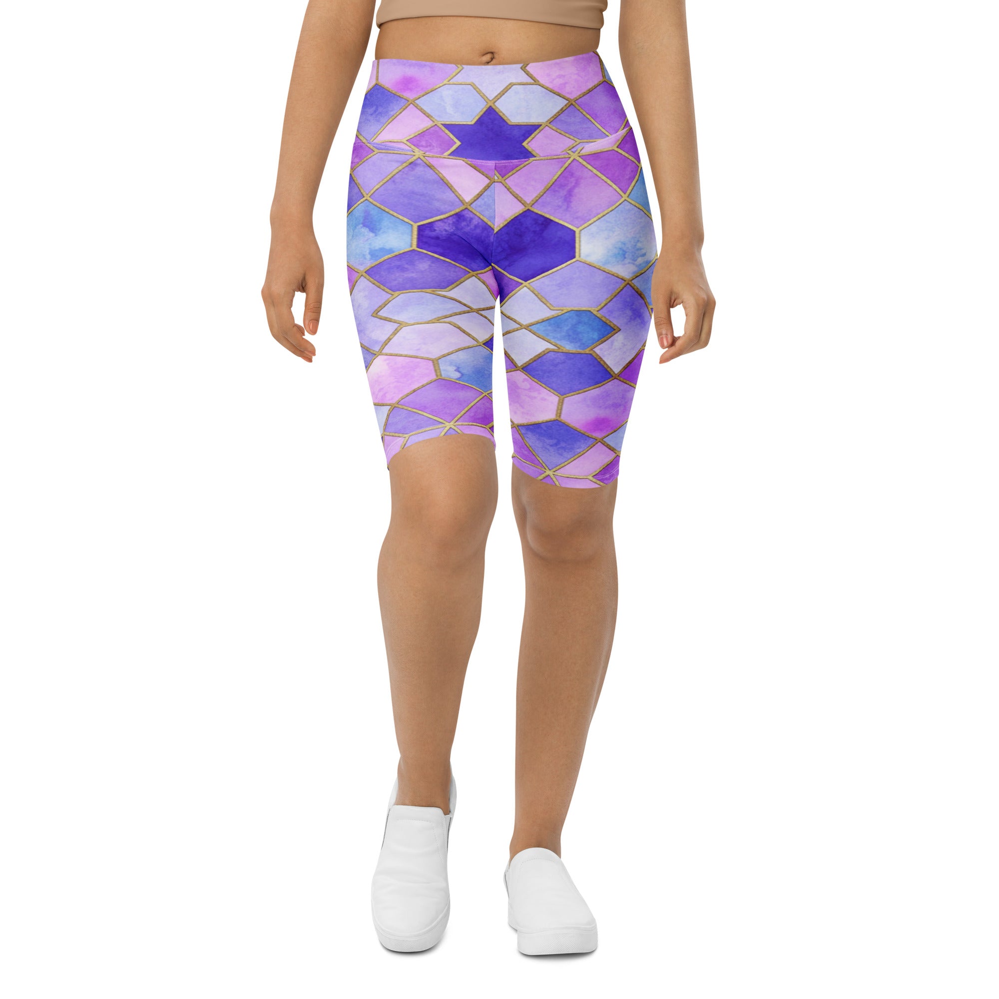 Women's lavender fields printed bike shorts front view