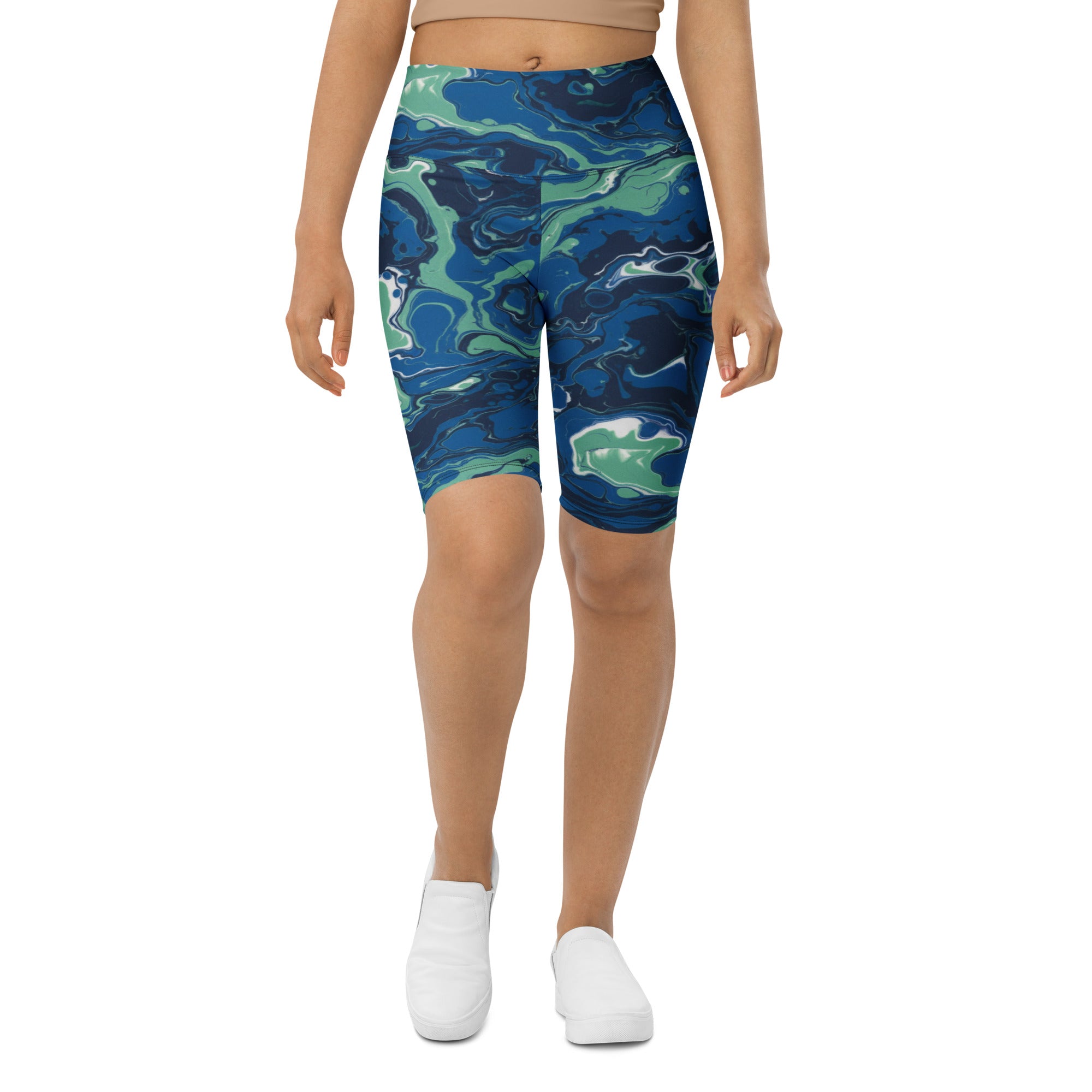 Women's liquid marble ocean current bike shorts front view