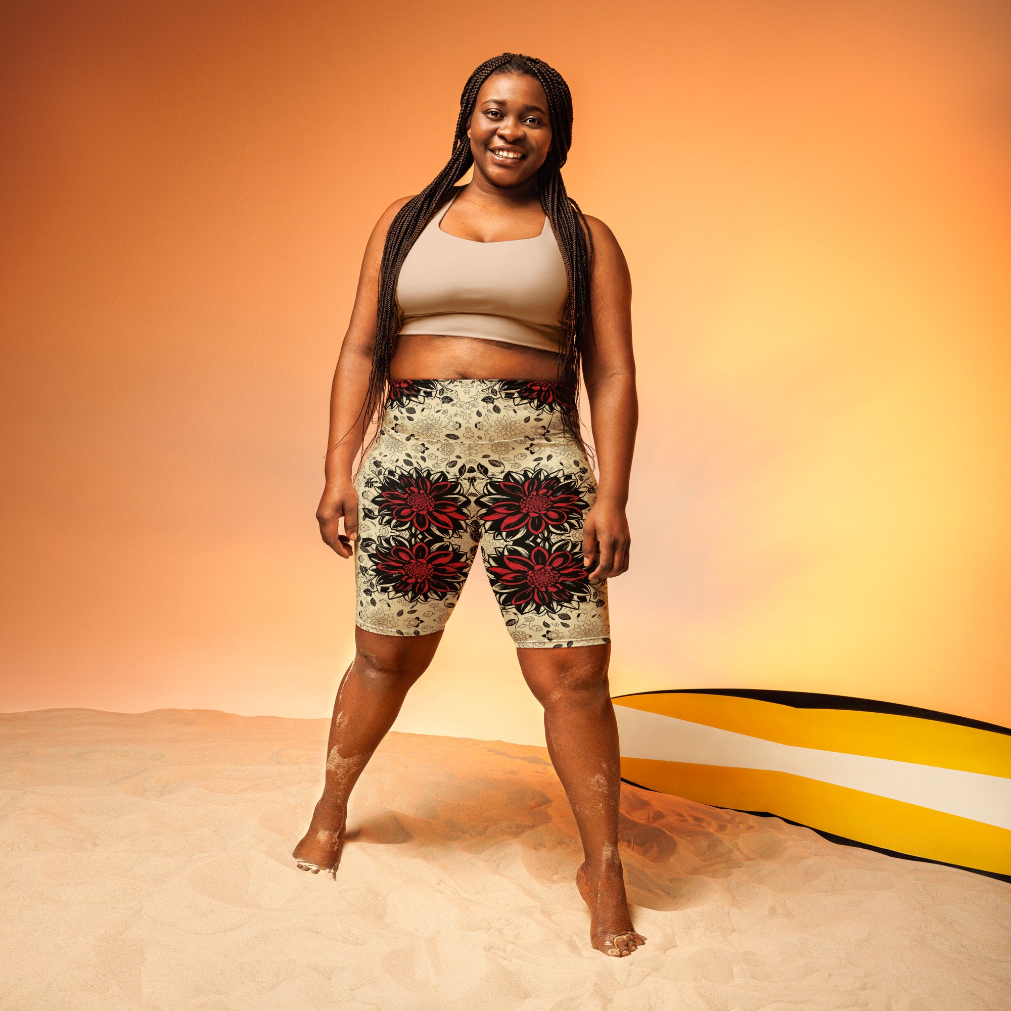 Women's black dahlia bloom printed bike shorts front view