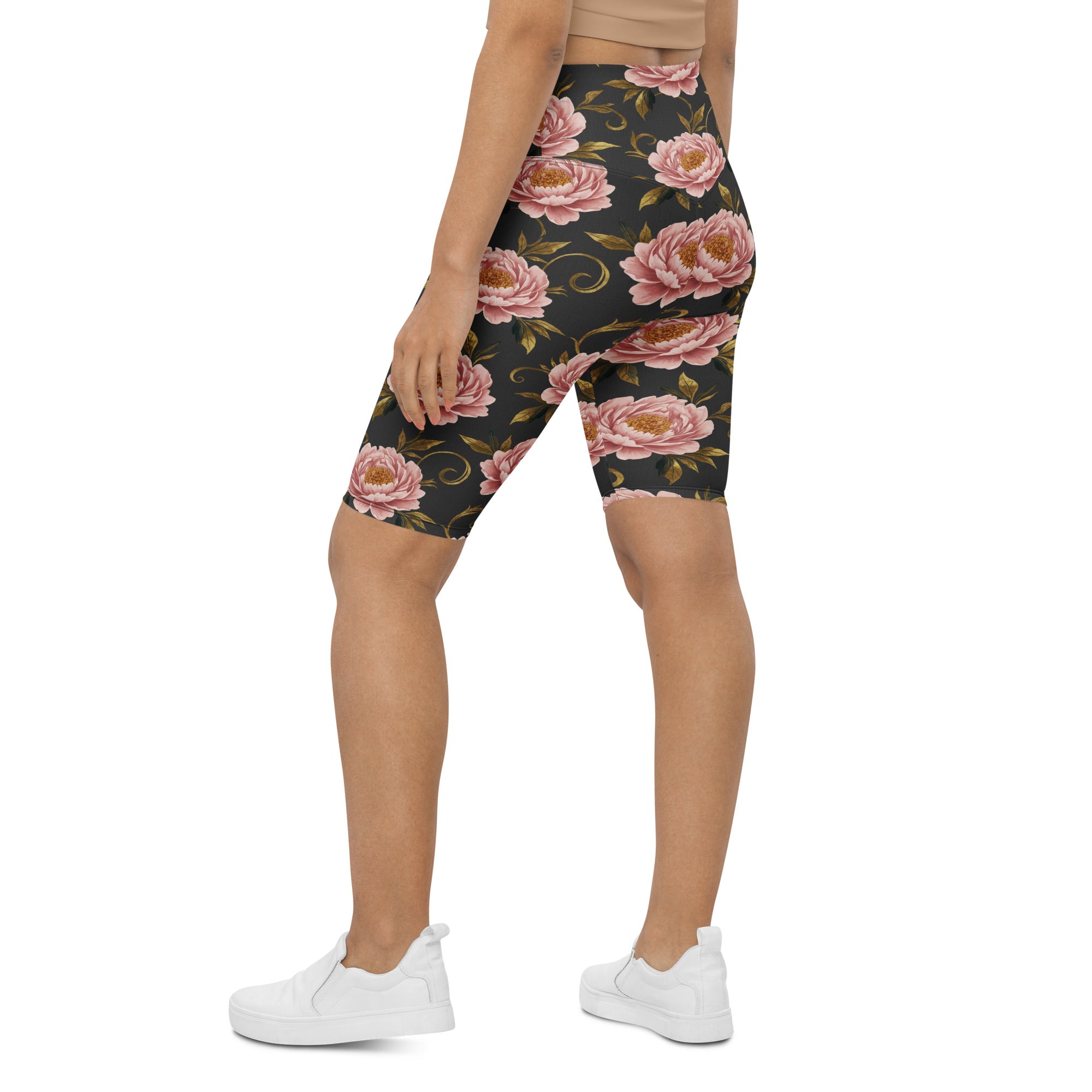 Blush Peonies and Gold Bike Shorts | GearBunch