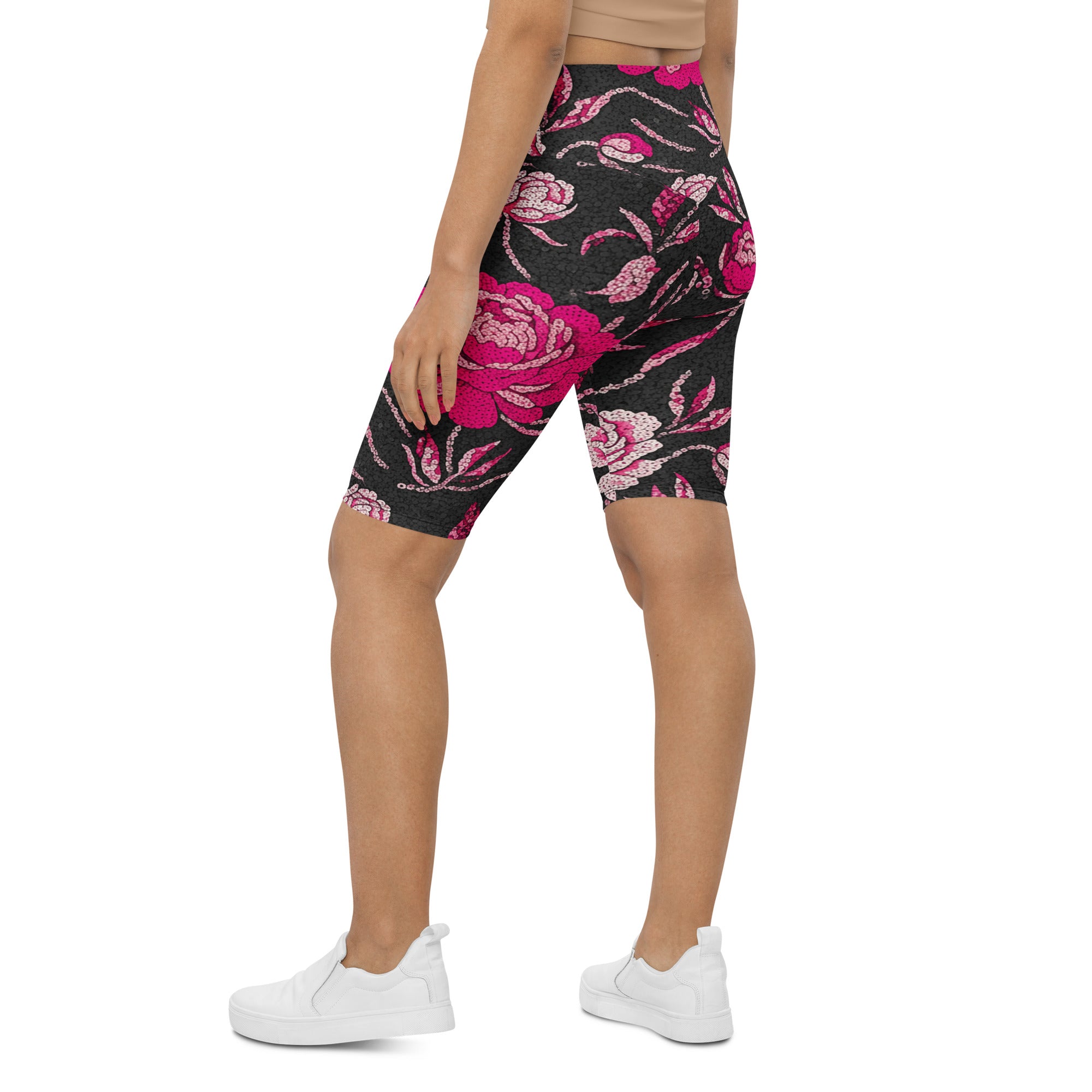 Pink Peony Paillette Bike Shorts | GearBunch
