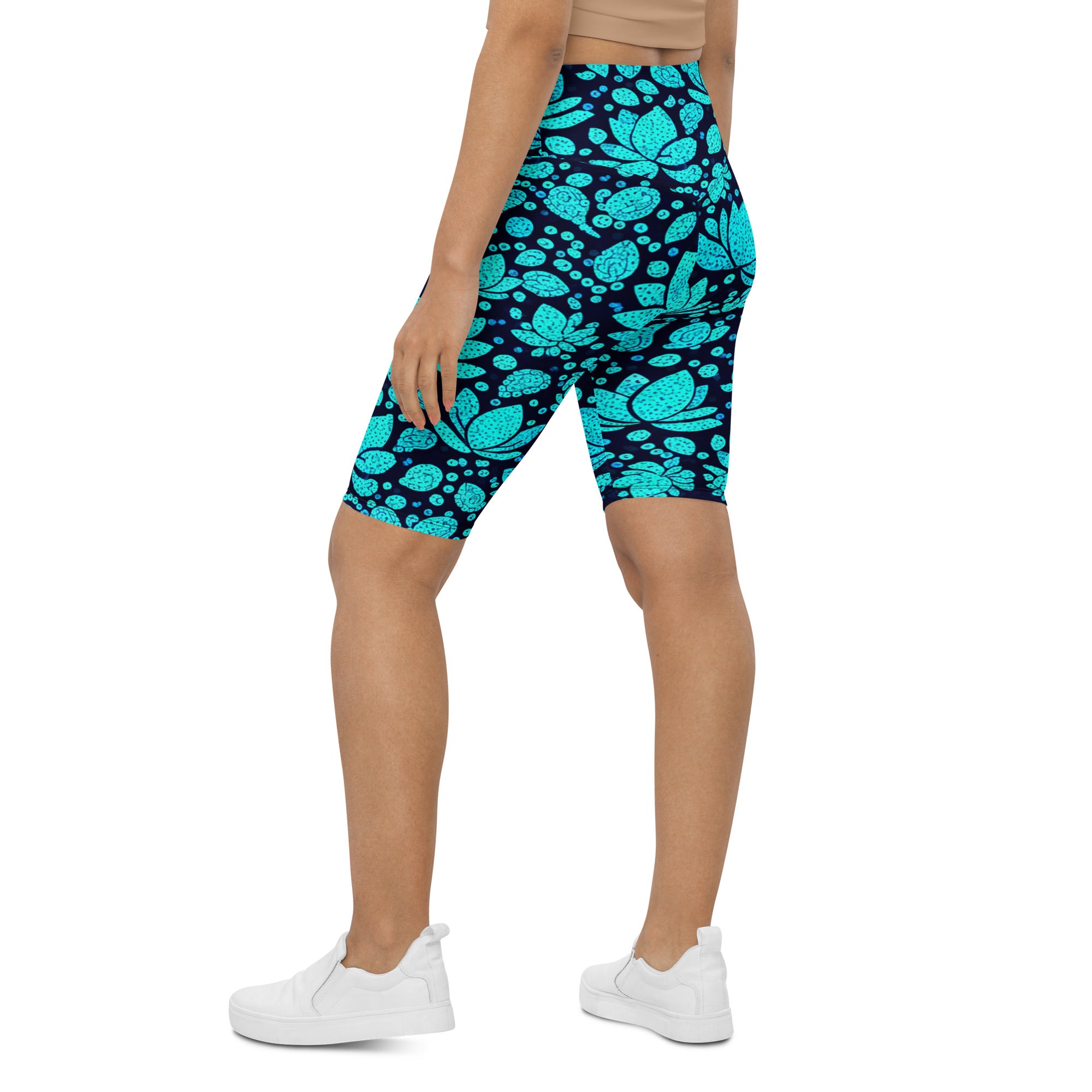 Teal Paillette Lotus Bike Shorts | GearBunch