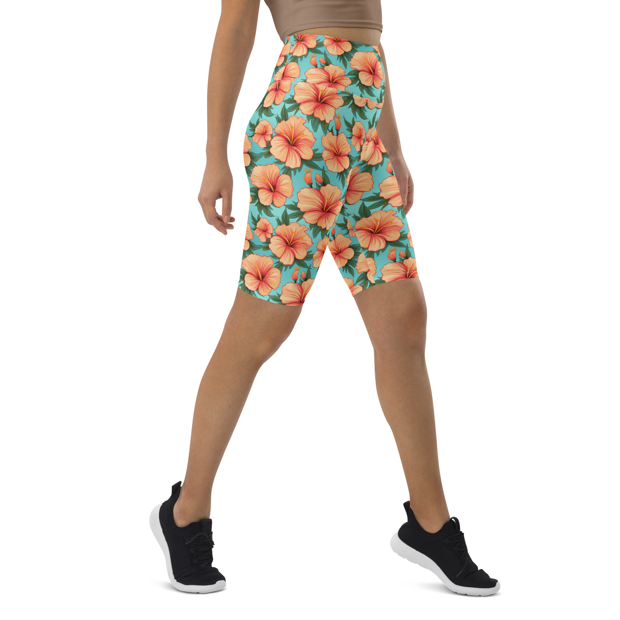 Women's tropical hibiscus bike shorts front view