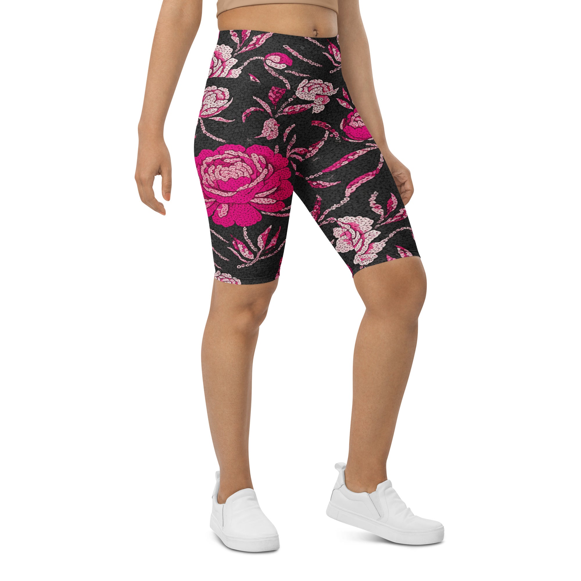 Pink Peony Paillette Bike Shorts | GearBunch