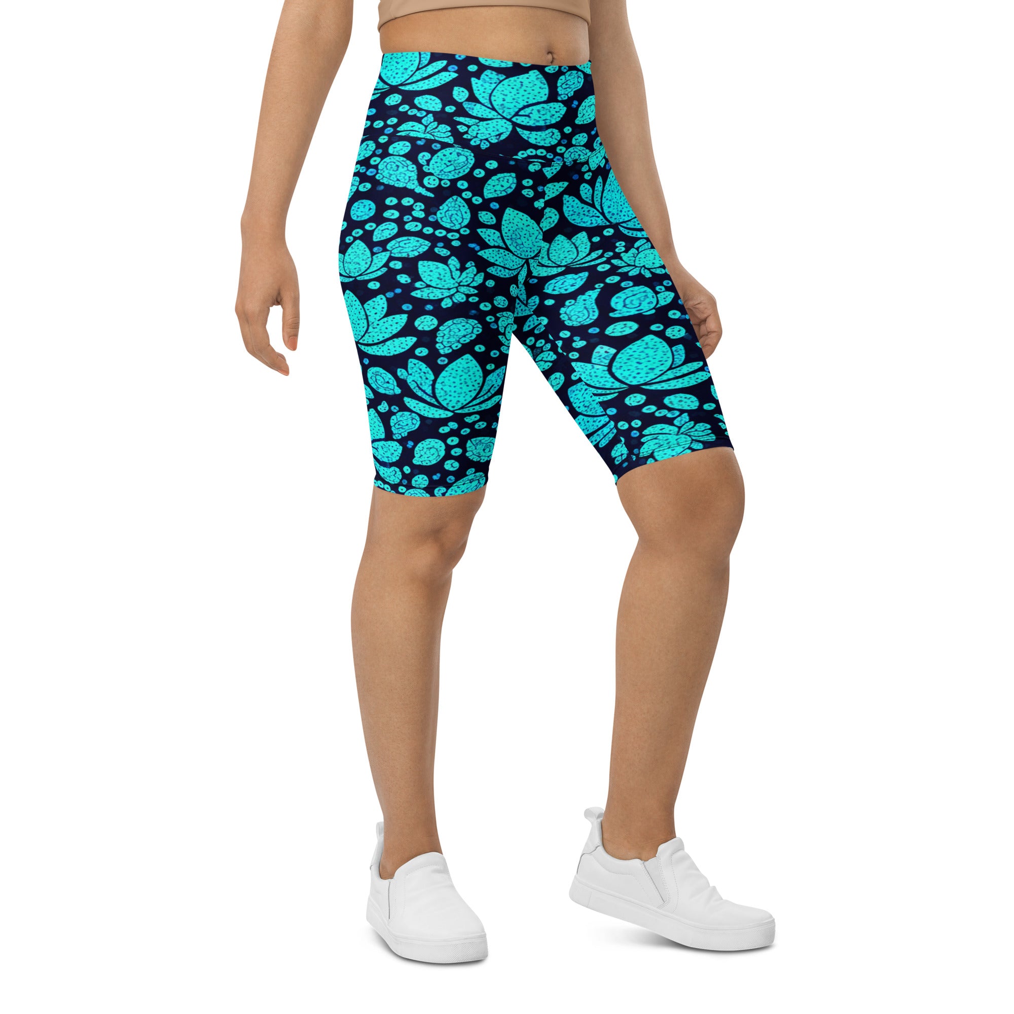 Teal Paillette Lotus Bike Shorts | GearBunch