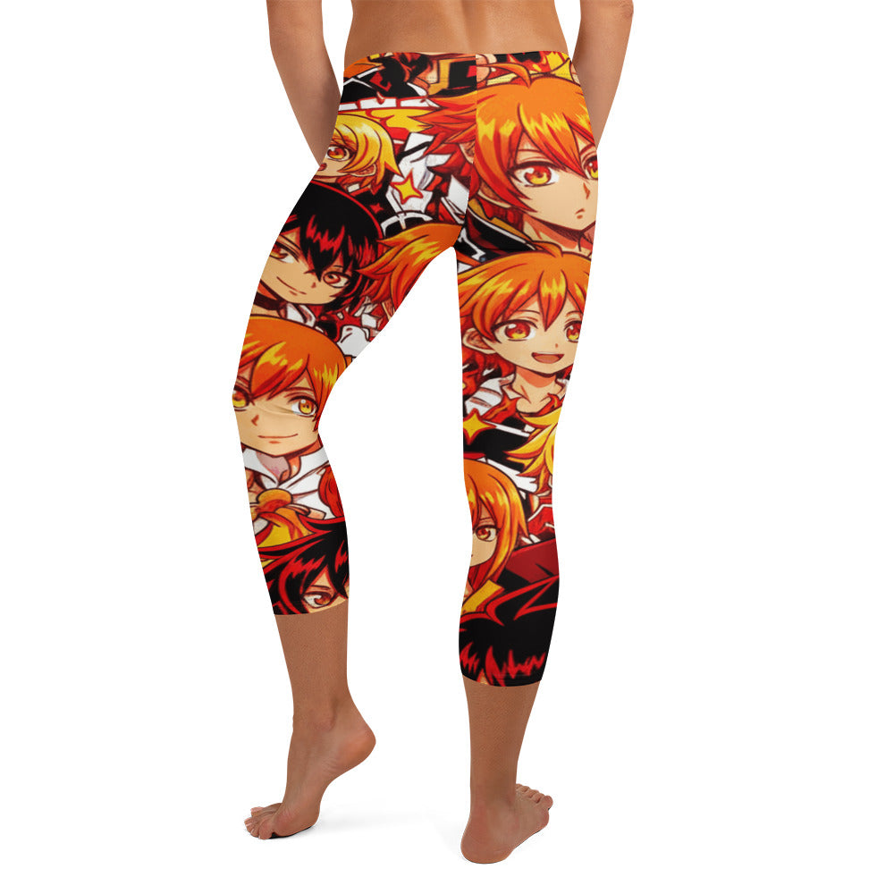 Ultra-vibrant anime collage print on GearBunch Capri Leggings with orange, red, and yellow fire spirit theme.