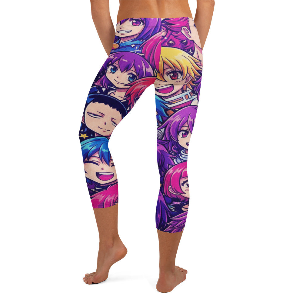 Anime Collage Galaxy Hero Capri Leggings from GearBunch, featuring a vibrant anime-inspired design on performance fabric.