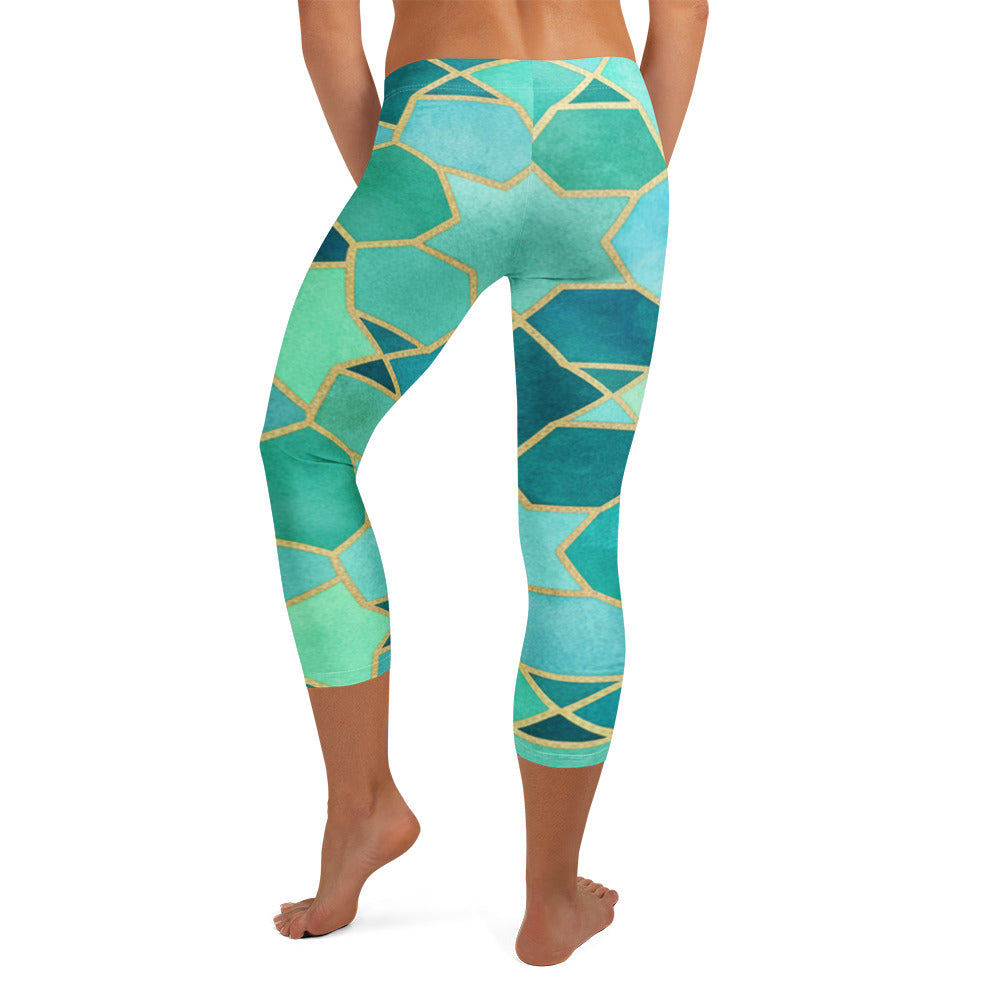 Teal, turquoise, and gold geometric Arabic Watercolour Lagoon print GearBunch Capri Leggings.