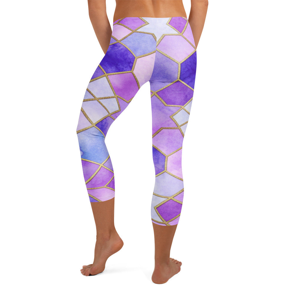 Detailed geometric lavender and violet pattern on GearBunch Capri Leggings, resembling watercolour fields.