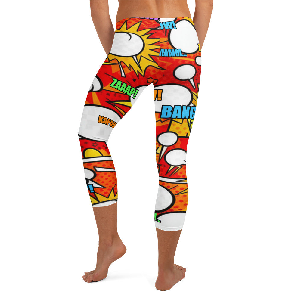 Dynamic all-over print of comic book sound effects on GearBunch Comic Pop Fire Engine Capri Leggings.
