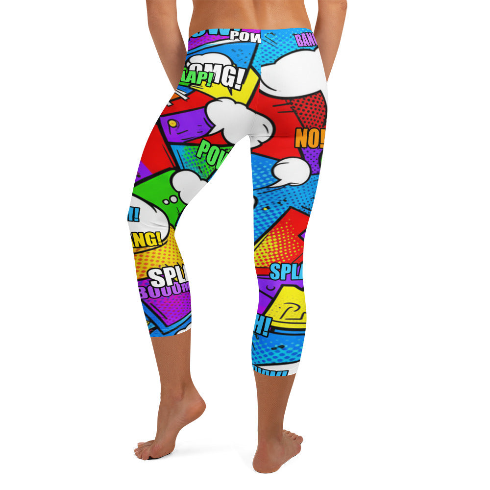Action-packed comic book panel print GearBunch Capri Leggings with bold red, blue, and yellow colours.