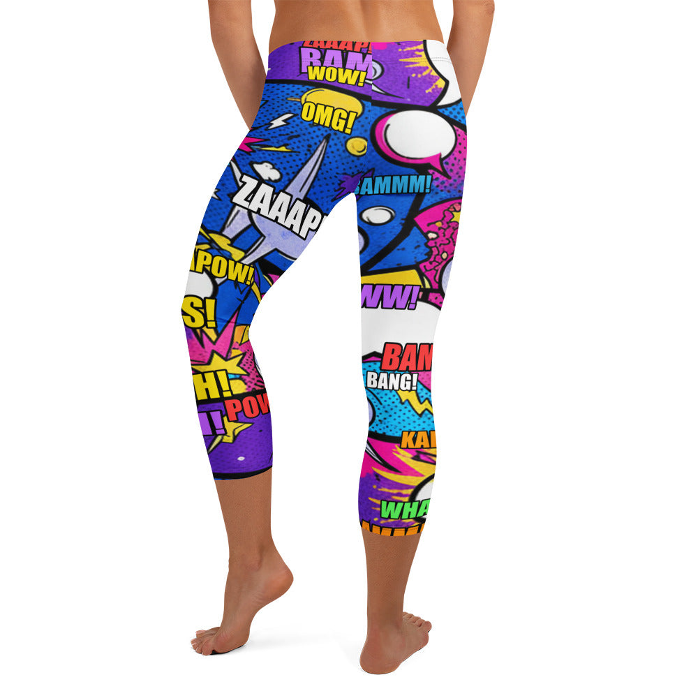 Cosmic comic book page print design on GearBunch Capri Leggings in cosmic purple, gold, and pink.