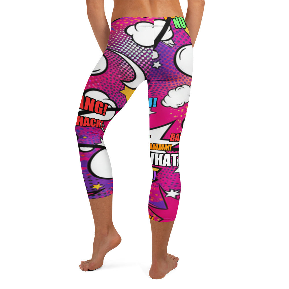 Close-up of the all-over print design on Comic Strip Girl Power Capri Leggings by GearBunch