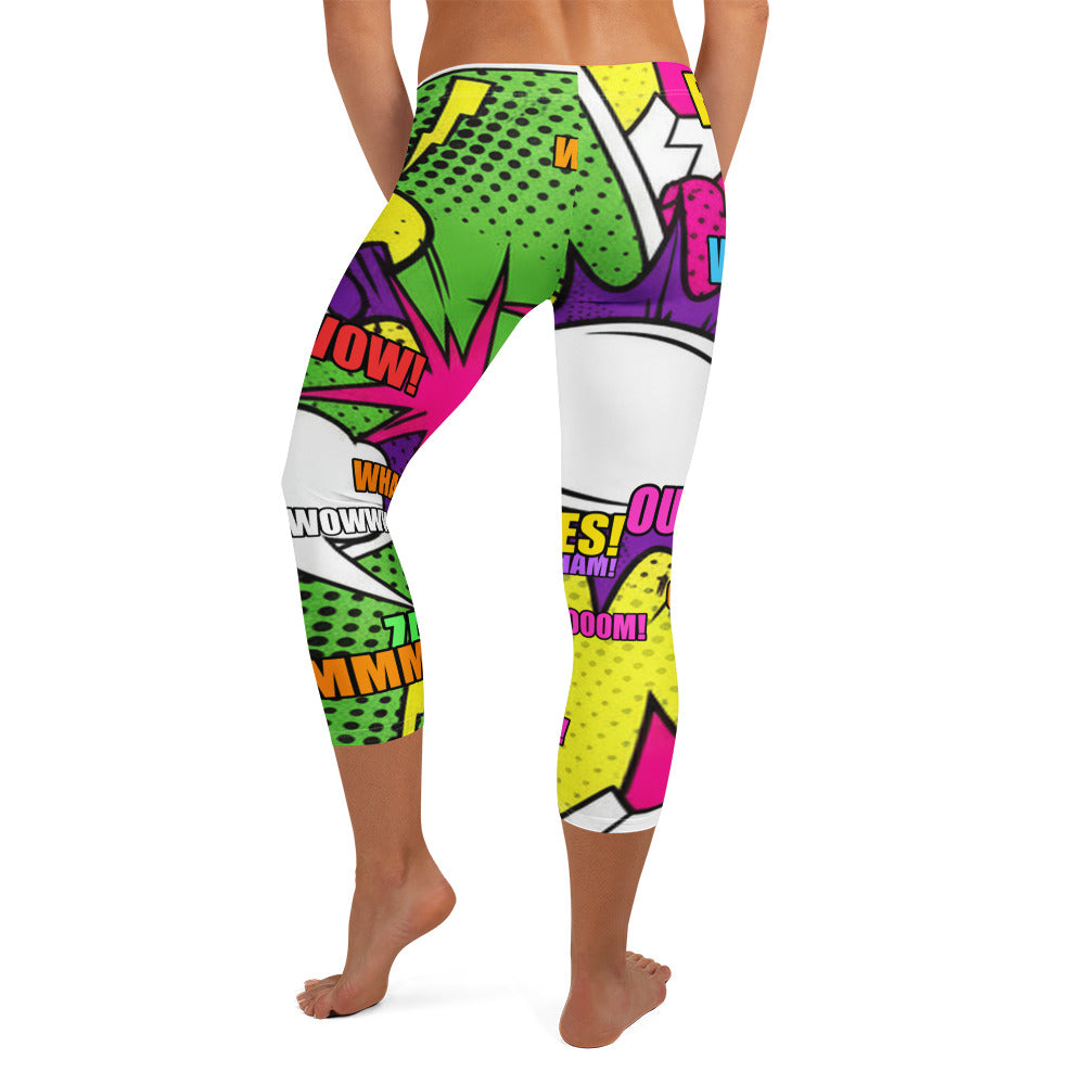 Ultra-vibrant comic strip print GearBunch Capri Leggings featuring neon colours and bold graphics.