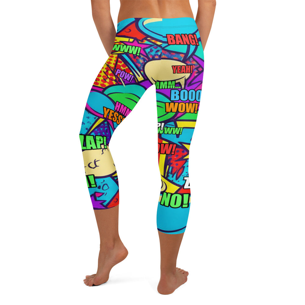 Comic Strip Pirate Adventure Capri Leggings by GearBunch, featuring a bold pirate comic book design with speech bubbles and action lines.