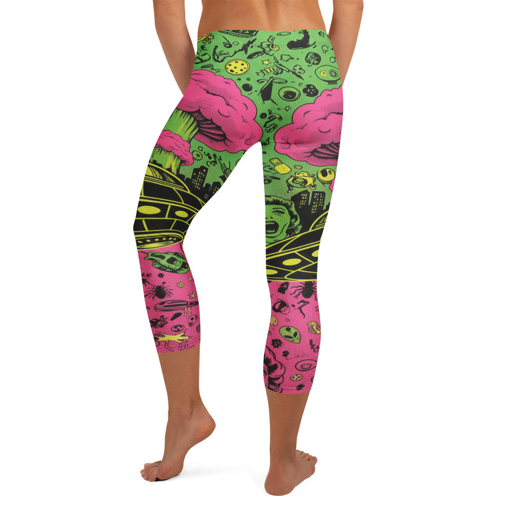 Vibrant all-over print of atomic age sci-fi B-movie collage on GearBunch Capri Leggings.