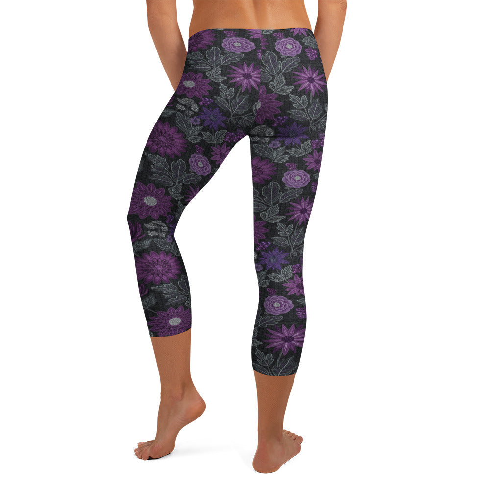 Close-up of vibrant violet, amethyst purple, and silver floral pattern on GearBunch Jewel Orchid Capri Leggings