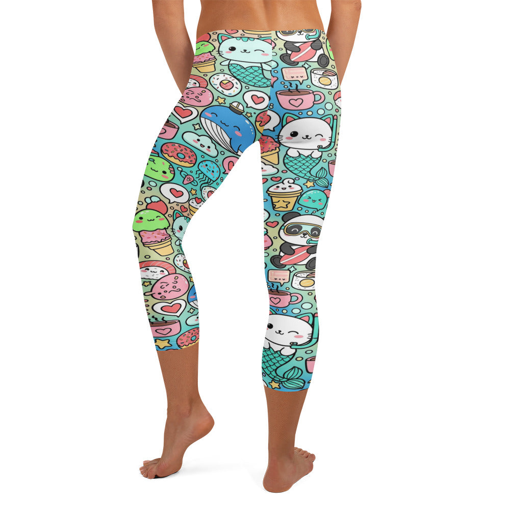 Ultra-vibrant Kawaii Ocean Friends Capri Leggings from GearBunch, featuring cute ocean creatures and sweet treats.