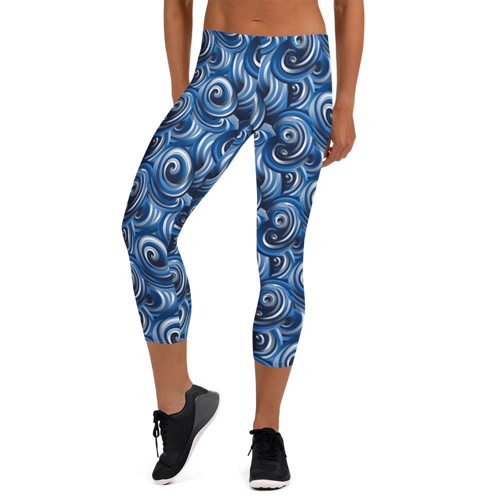 Women's blue wave printed capris front view