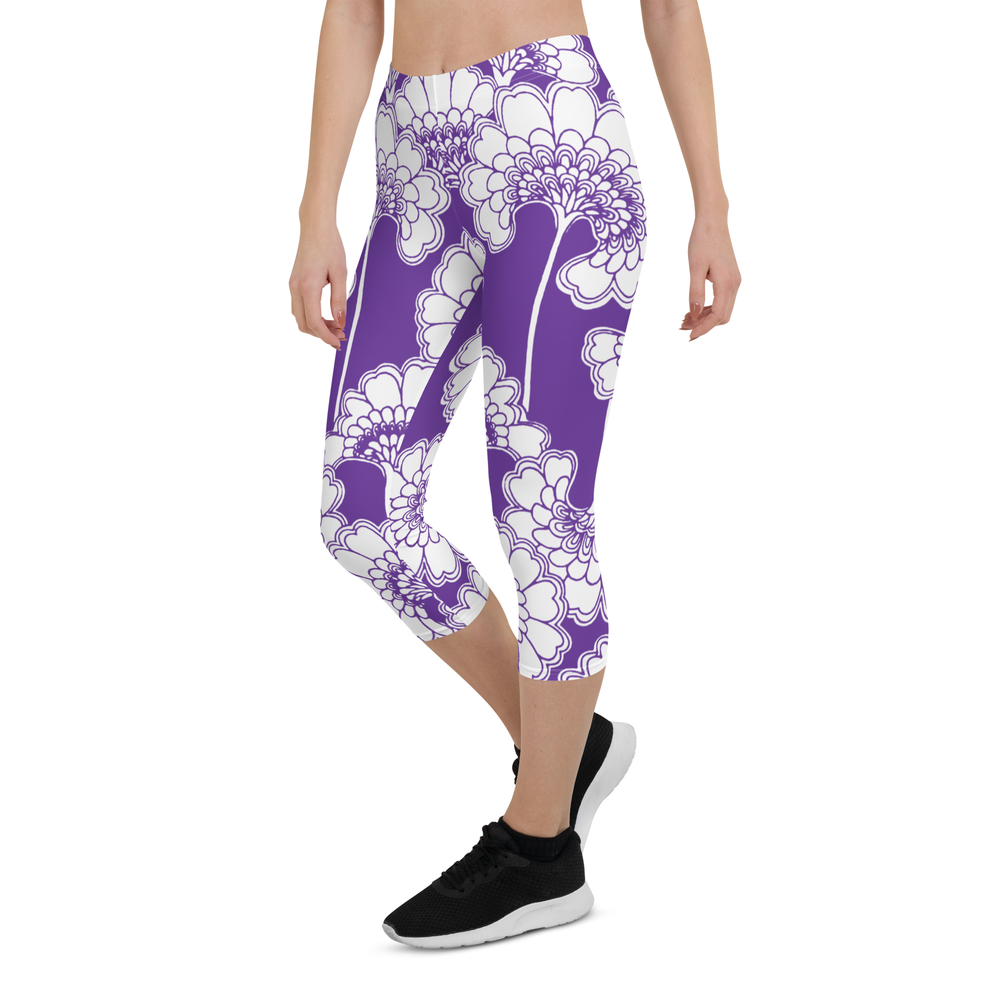 Women's purple japanese floral capris front view