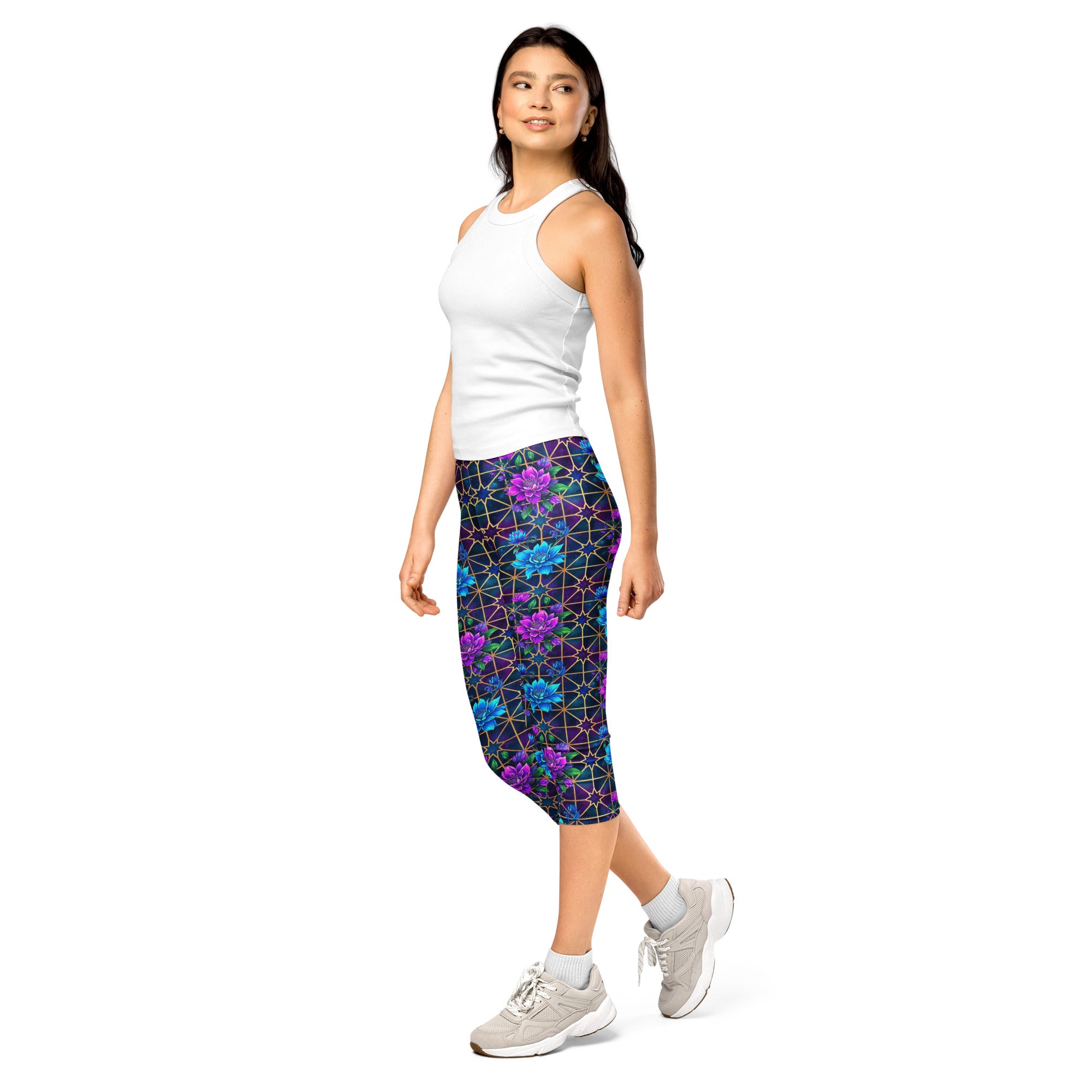 Women's galaxy pattern capri leggings front view