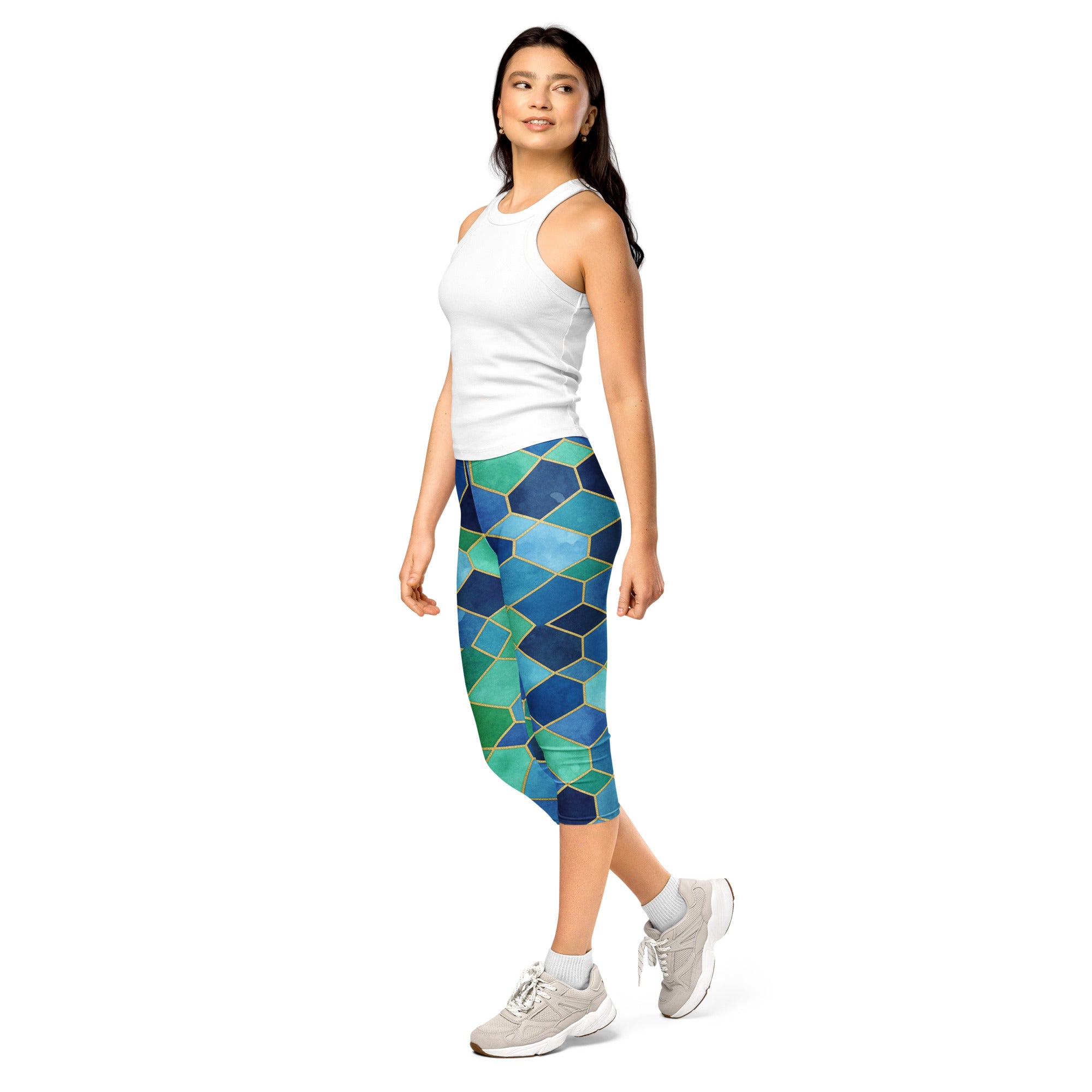 Women's ocean blues printed capris front view