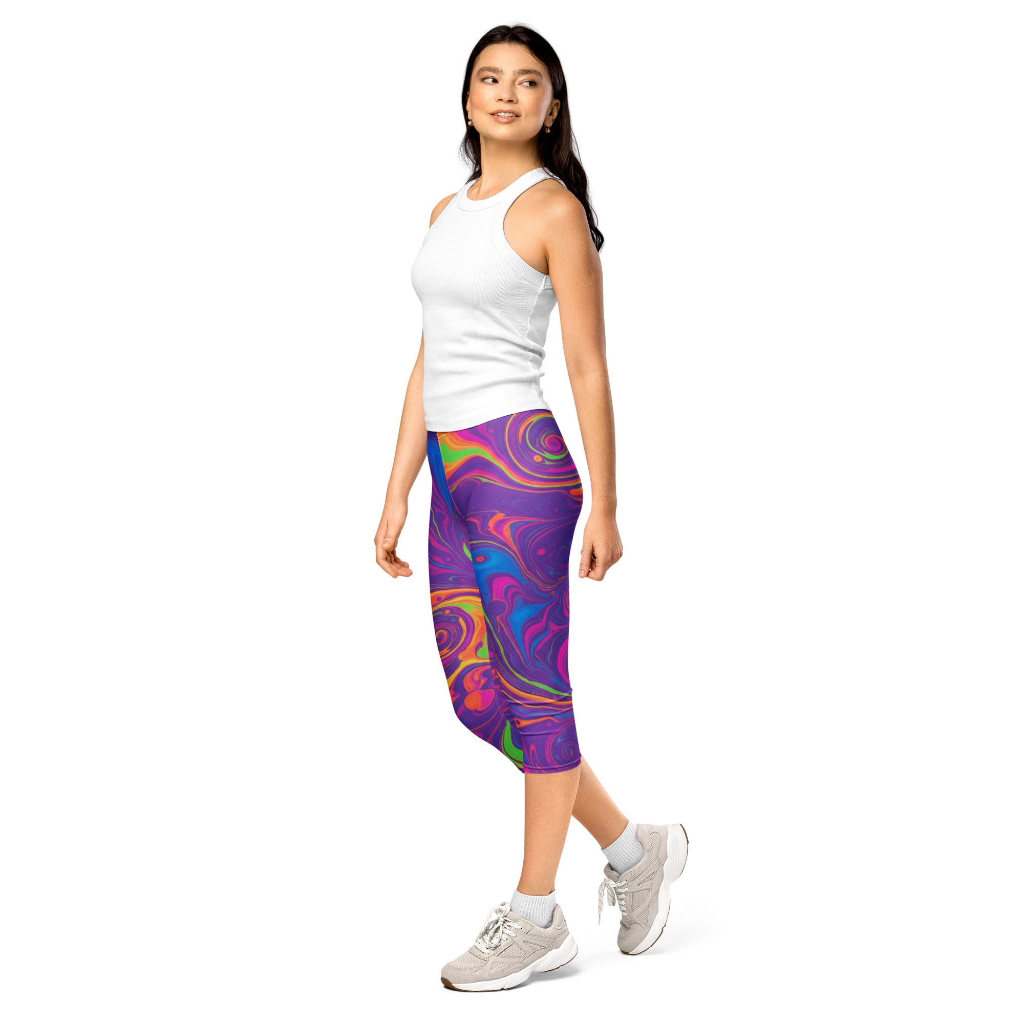 Women's neon marble psychedelic capris front view