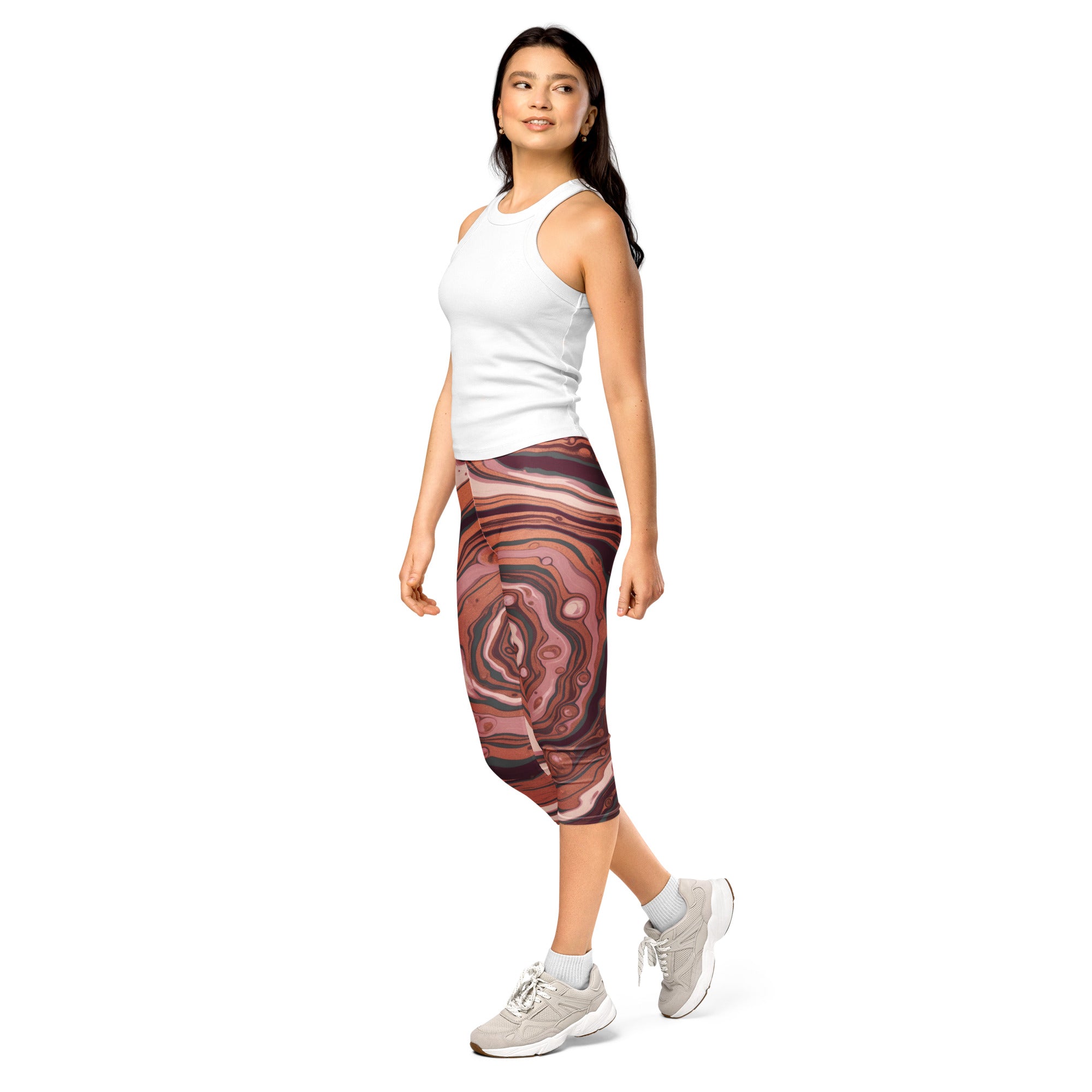 Women's liquid marble rose gold capri leggings front view